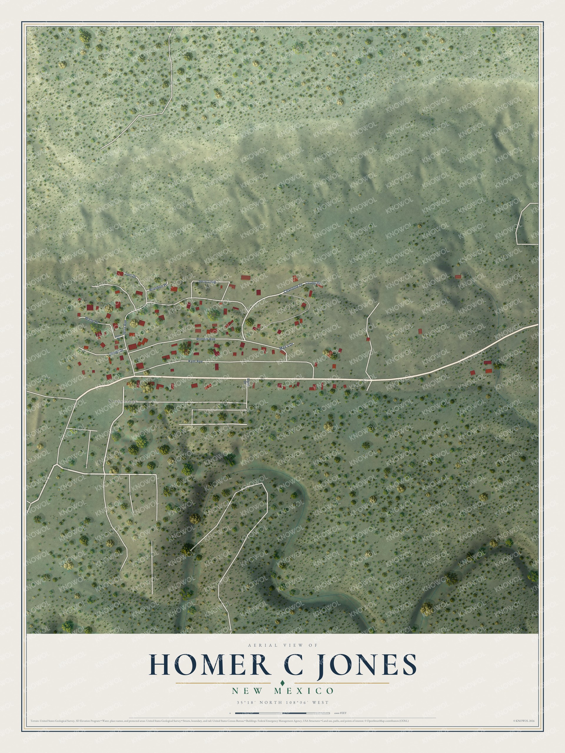 Full map of Homer C Jones, New Mexico, with red buildings, printed street names and the land around them