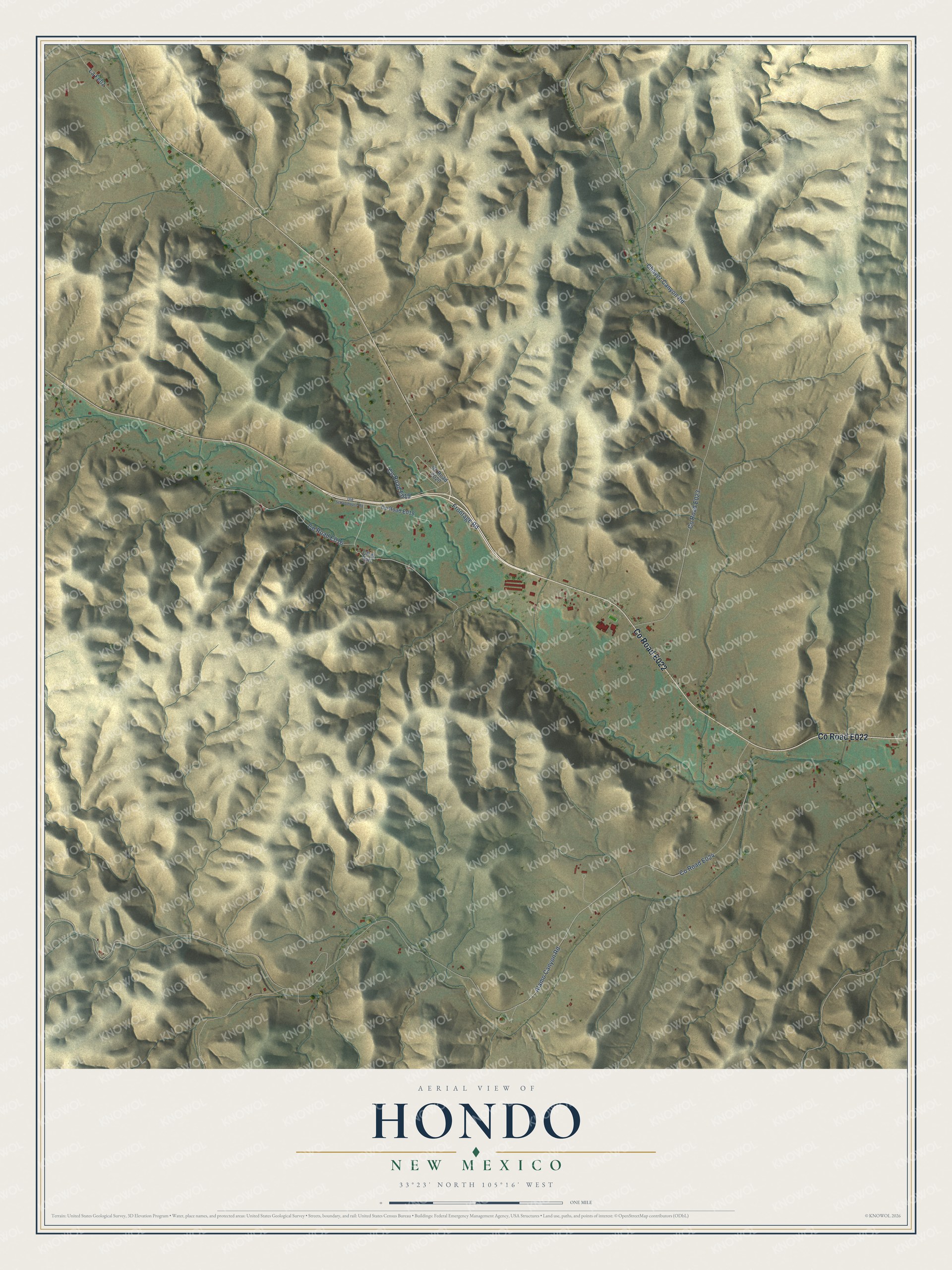 Full map of Hondo, New Mexico, with red buildings, printed street names and the land around them