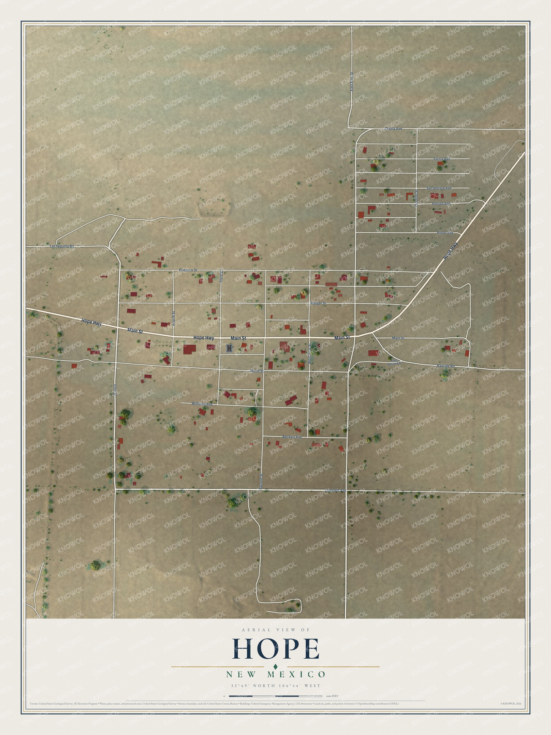 Full map of Hope, New Mexico, with red buildings, printed street names and the land around them