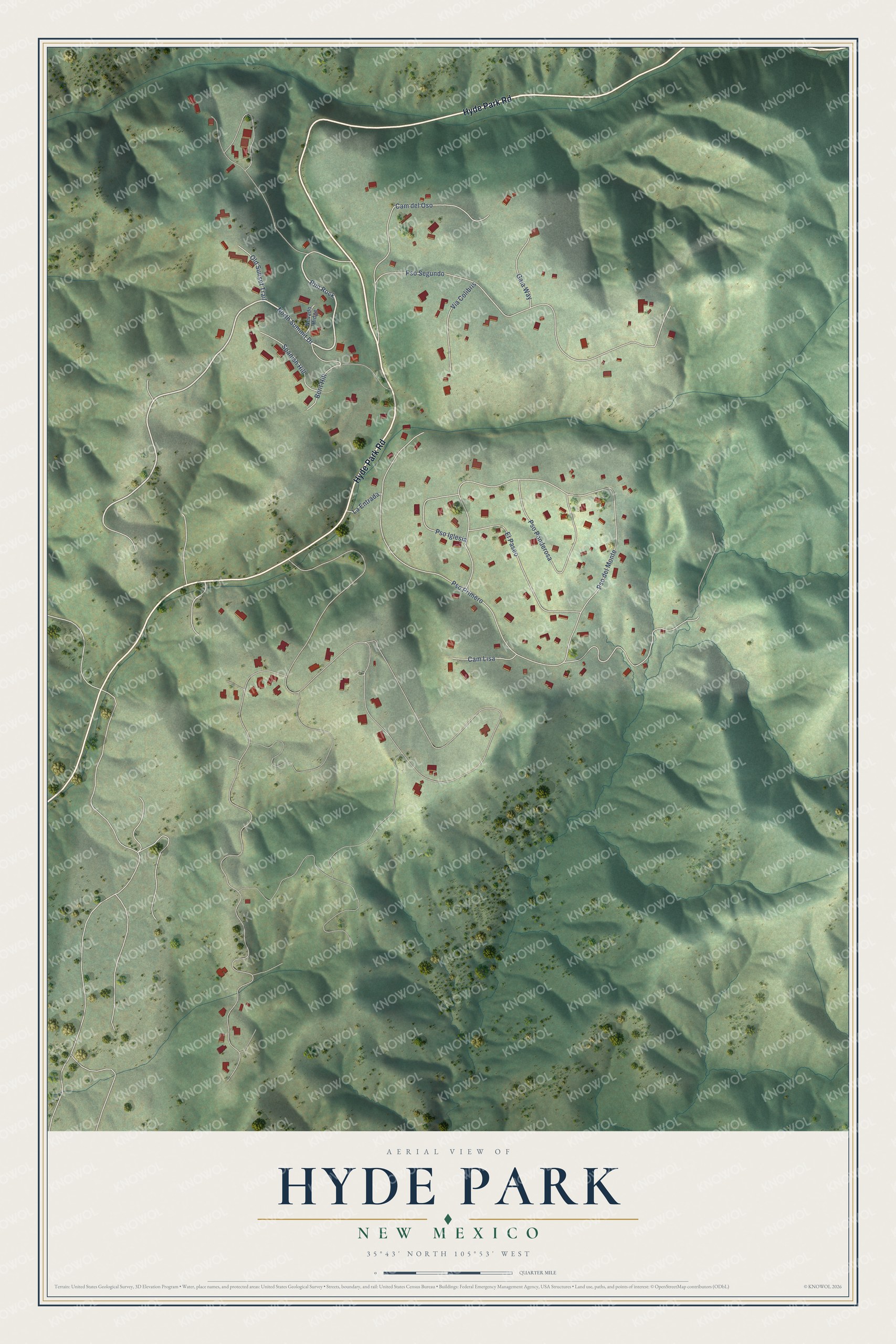 Full map of Hyde Park, New Mexico, with red buildings, printed street names and the land around them