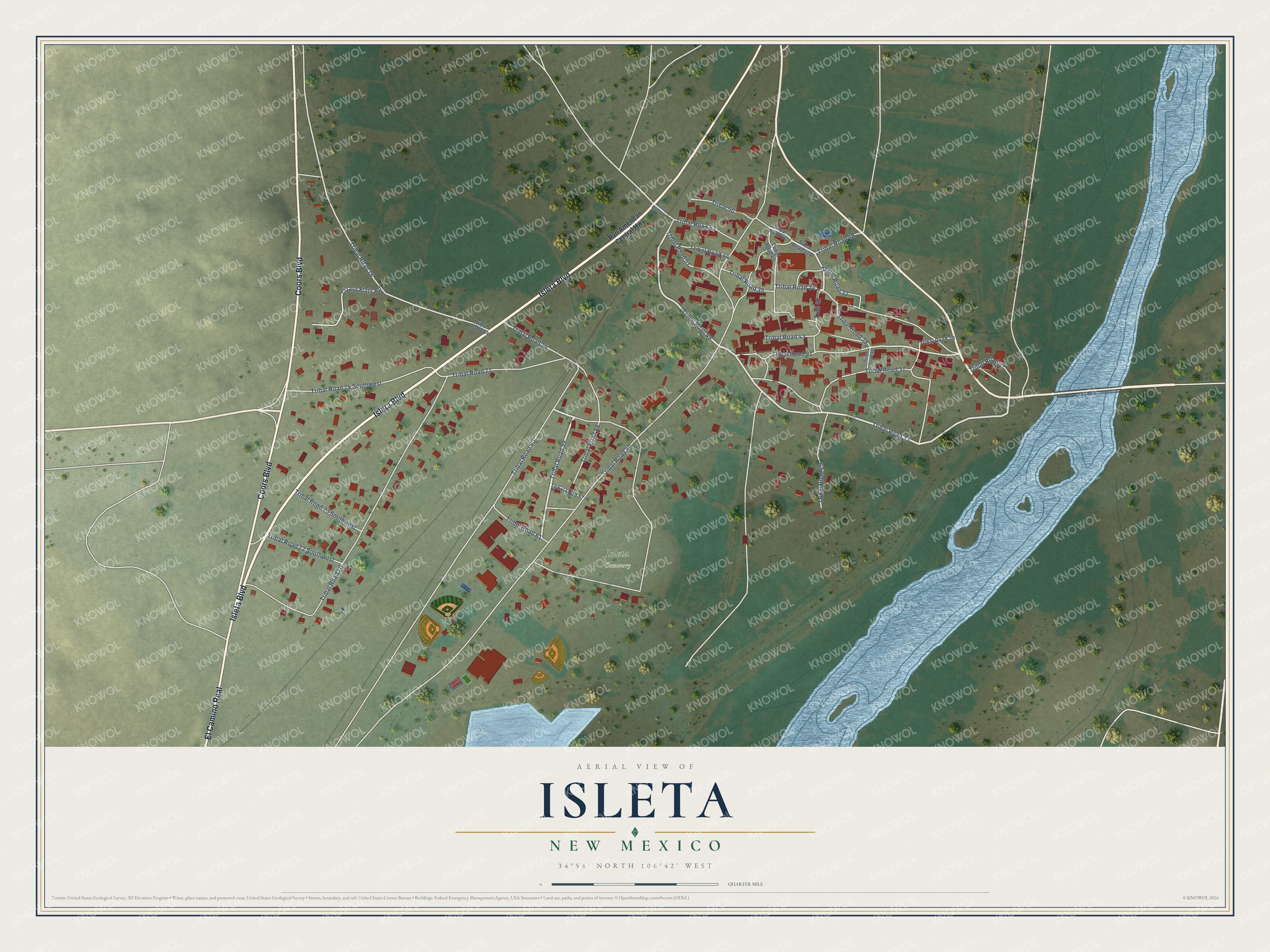 Full map of Isleta, New Mexico, with red buildings, printed street names and the land around them