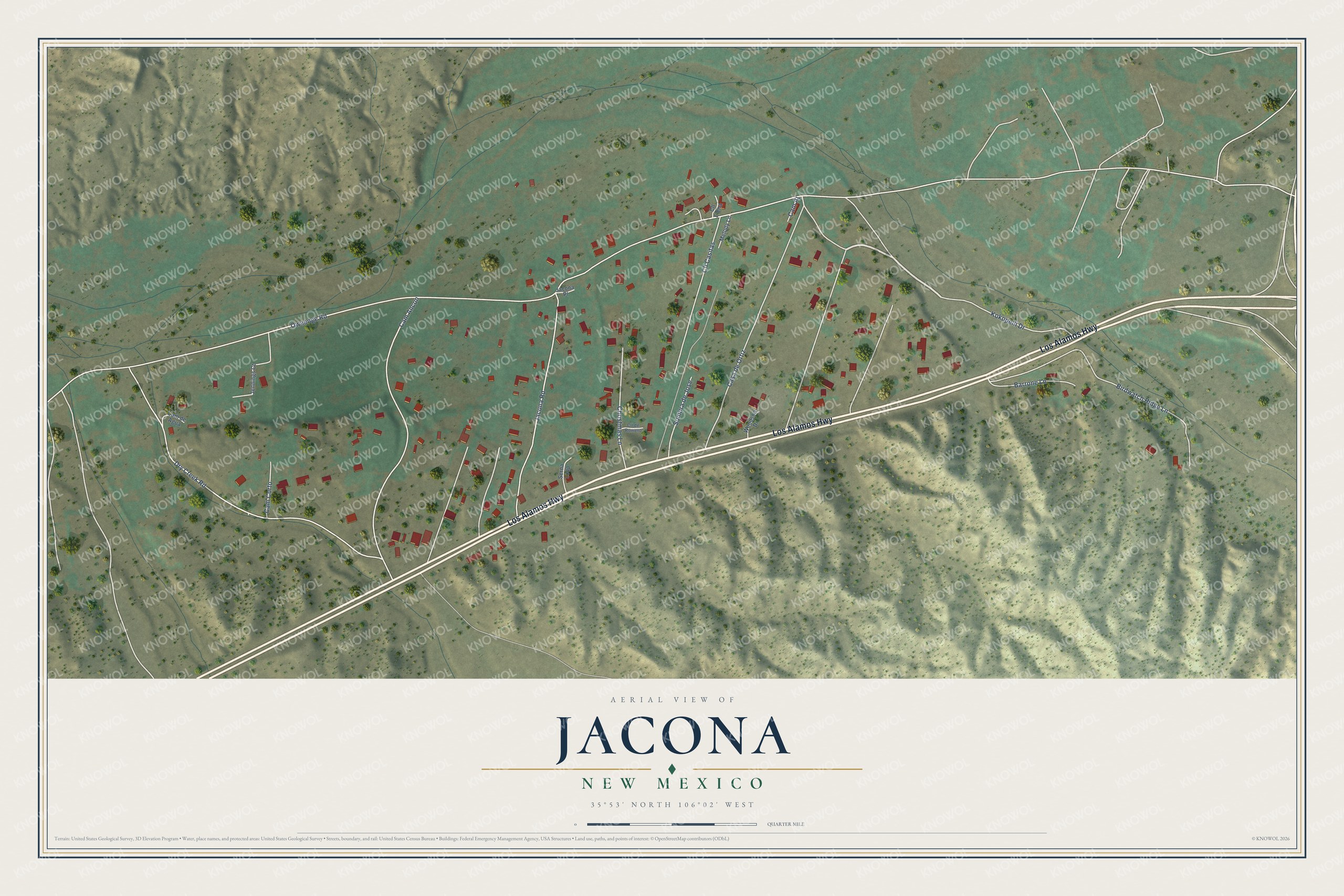 Full map of Jacona, New Mexico, with red buildings, printed street names and the land around them