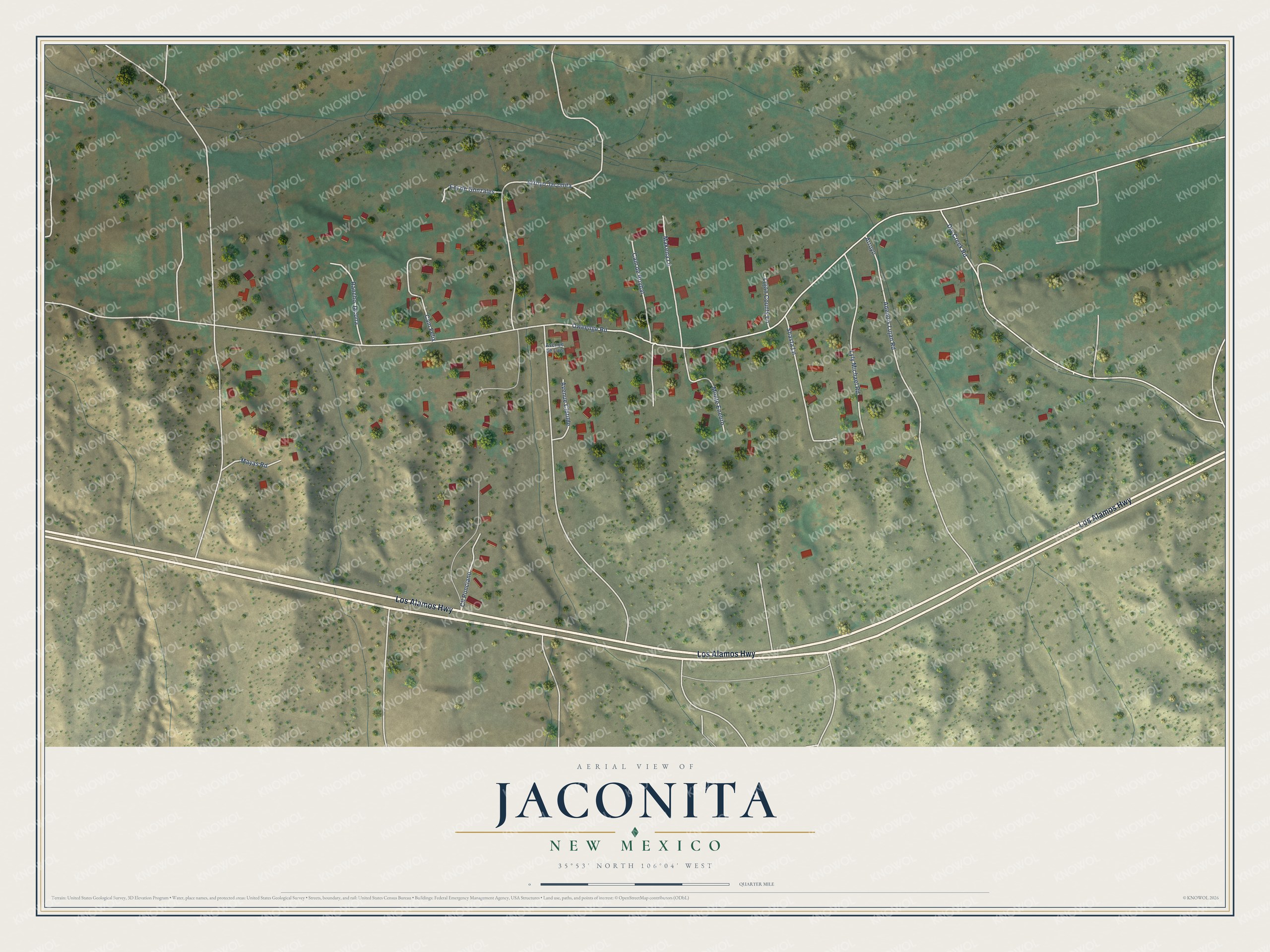 Full map of Jaconita, New Mexico, with red buildings, printed street names and the land around them