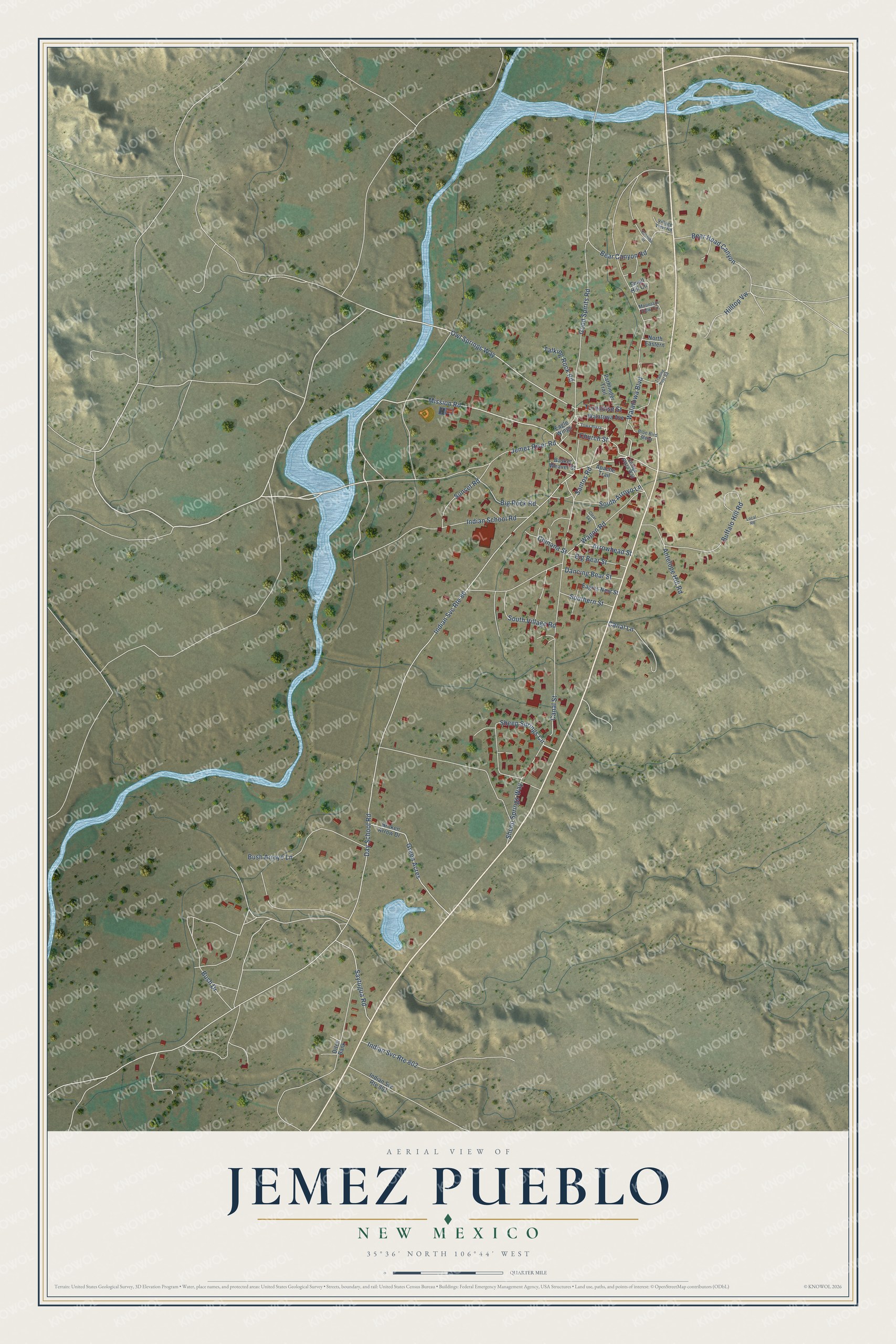 Full map of Jemez Pueblo, New Mexico, with red buildings, printed street names and the land around them