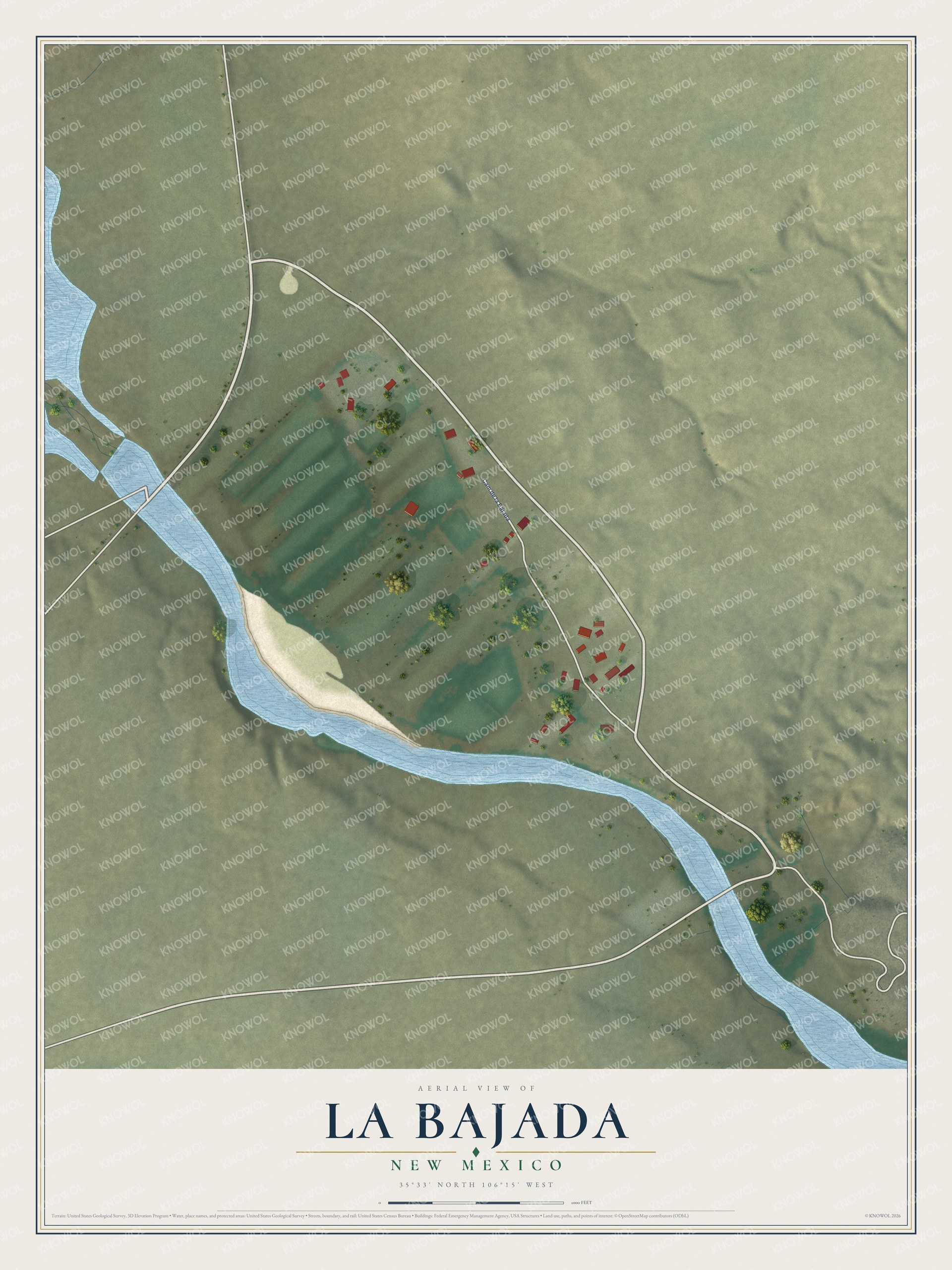 Full map of La Bajada, New Mexico, with red buildings, printed street names and the land around them