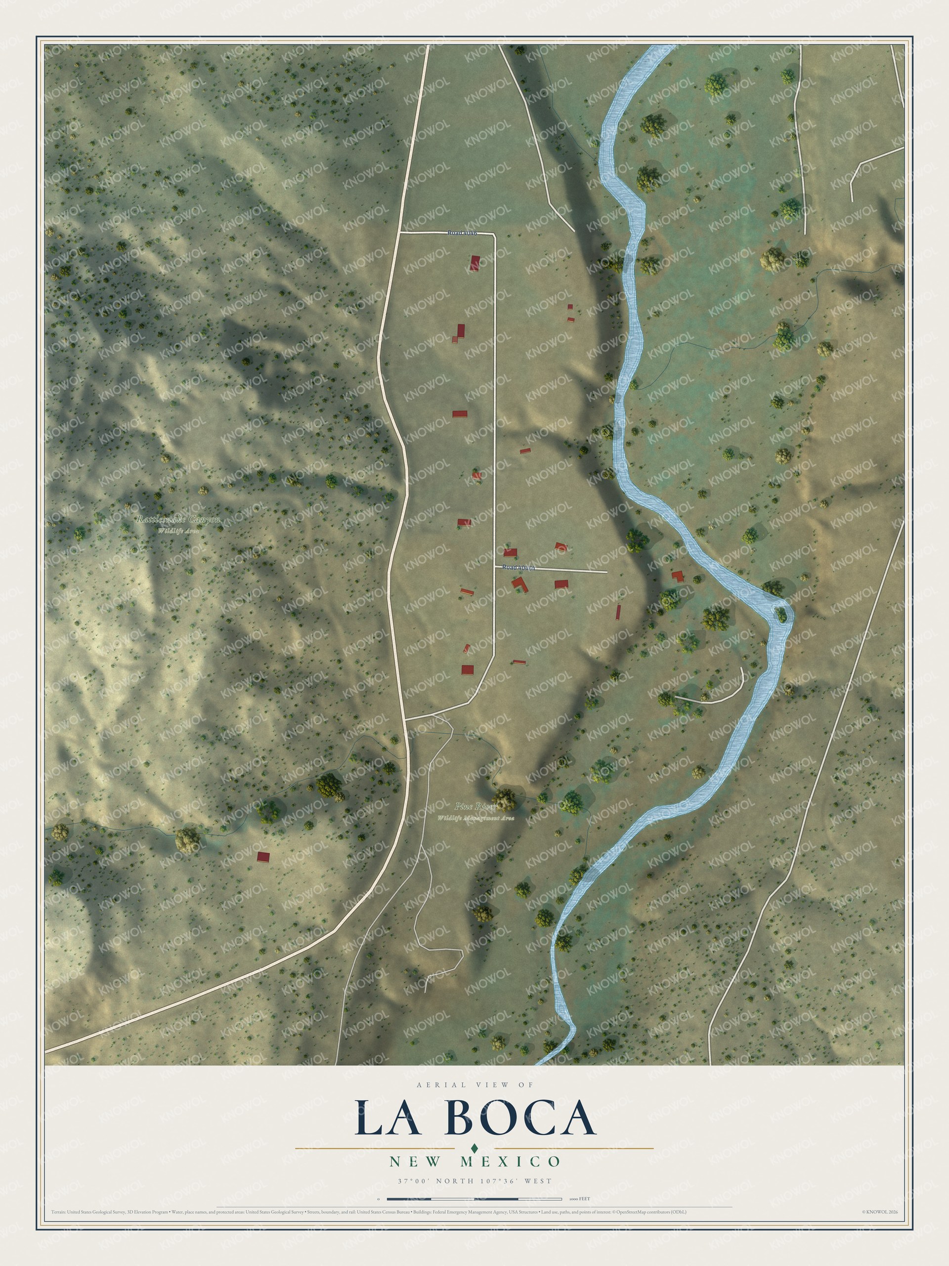 Full map of La Boca, New Mexico, with red buildings, printed street names and the land around them