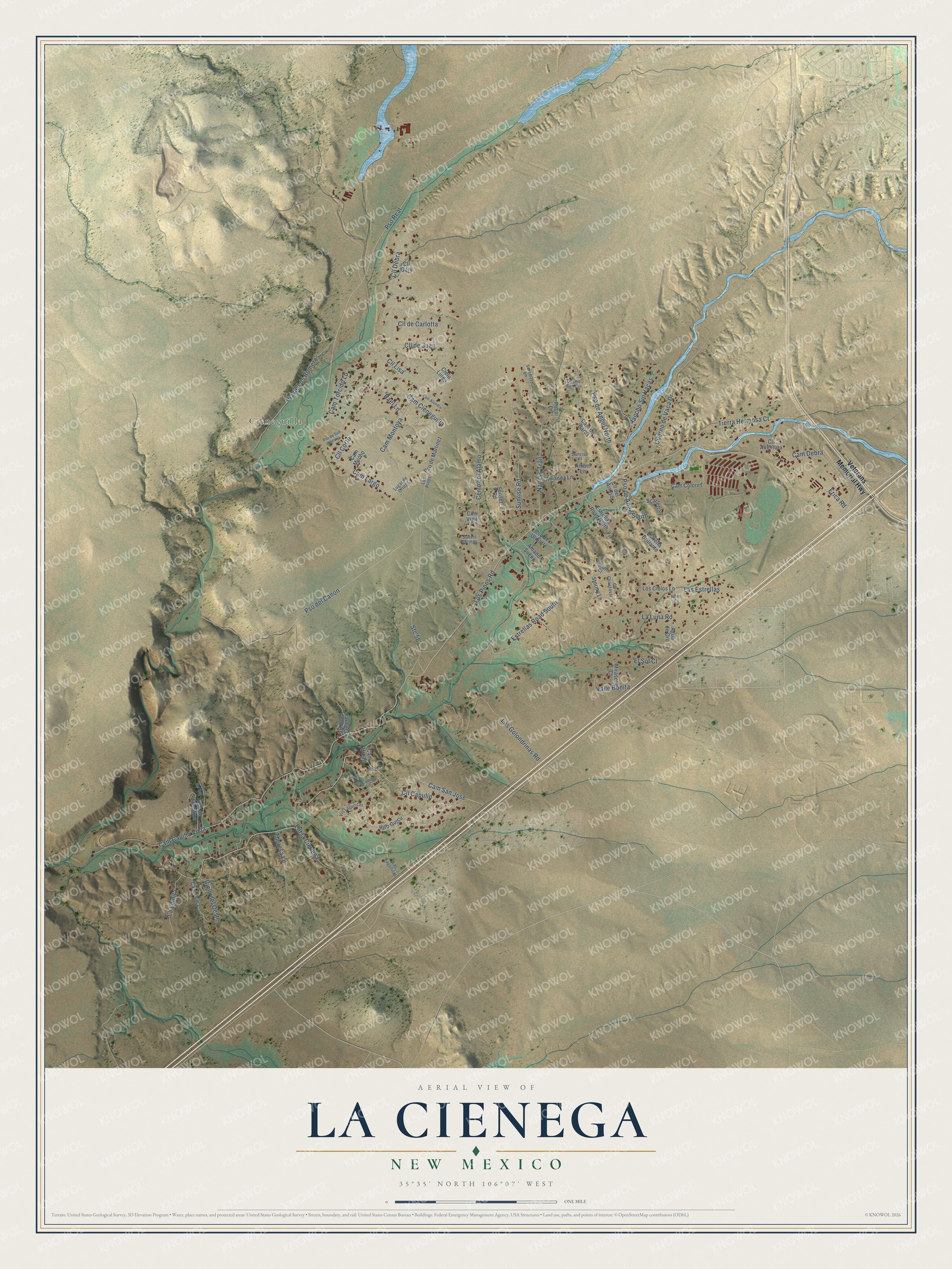 Full map of La Cienega, New Mexico, with red buildings, printed street names and the land around them