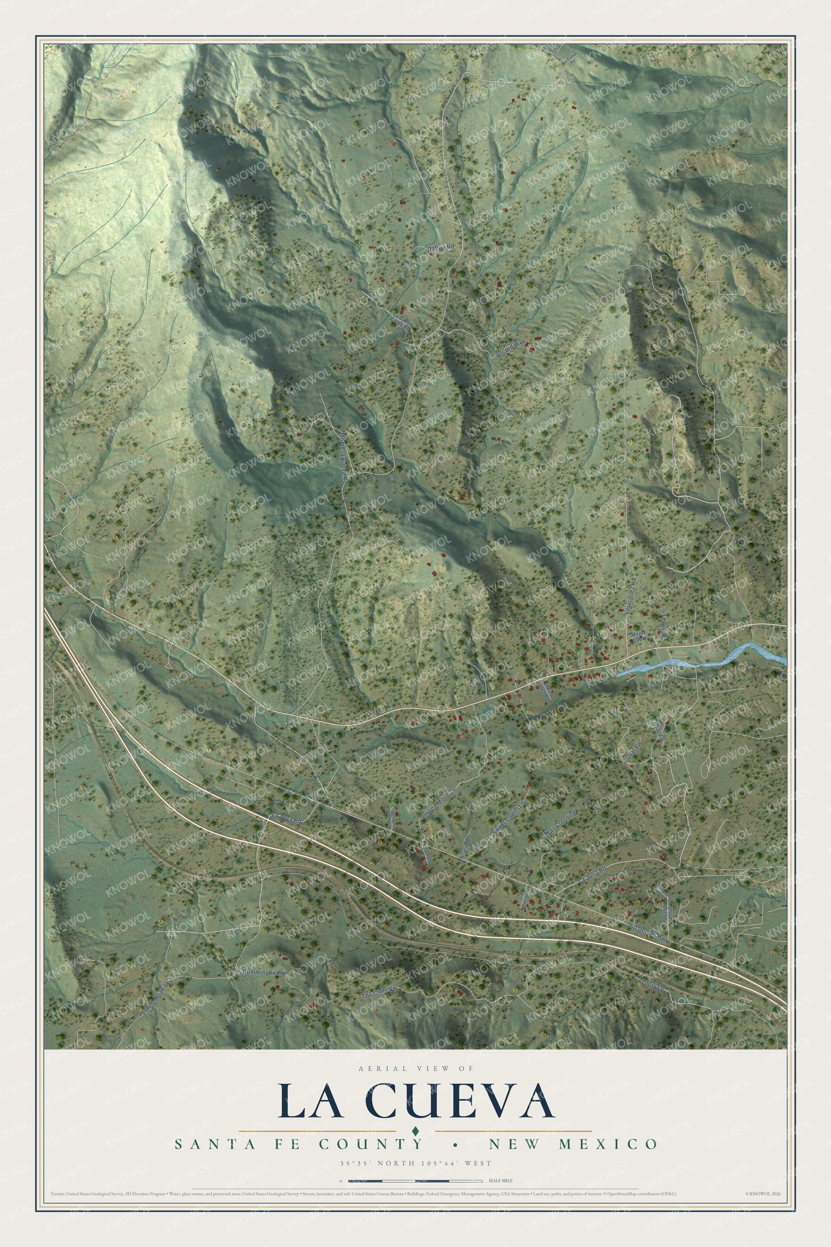 Full map of La Cueva, New Mexico, with red buildings, printed street names and the land around them
