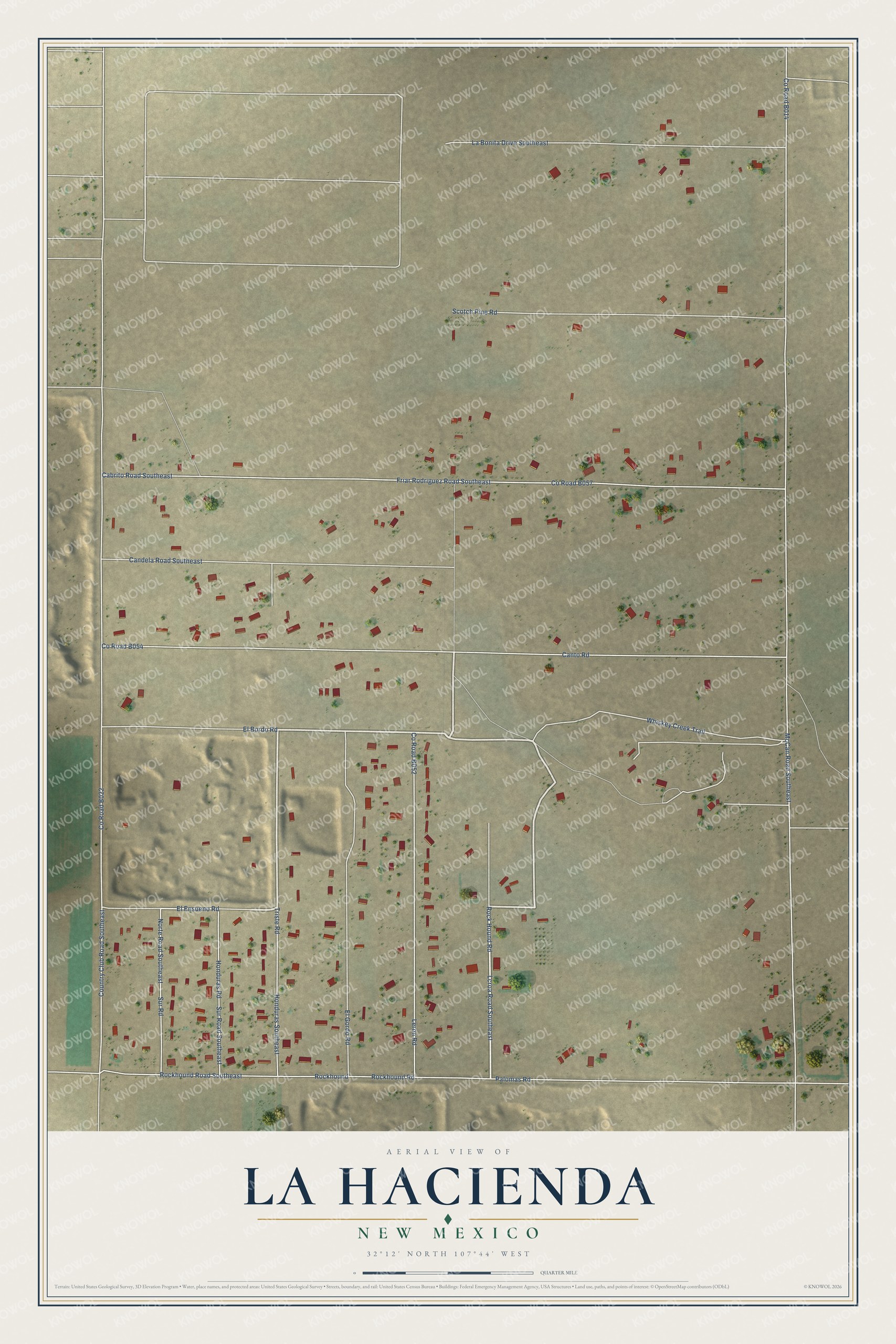 Full map of La Hacienda, New Mexico, with red buildings, printed street names and the land around them