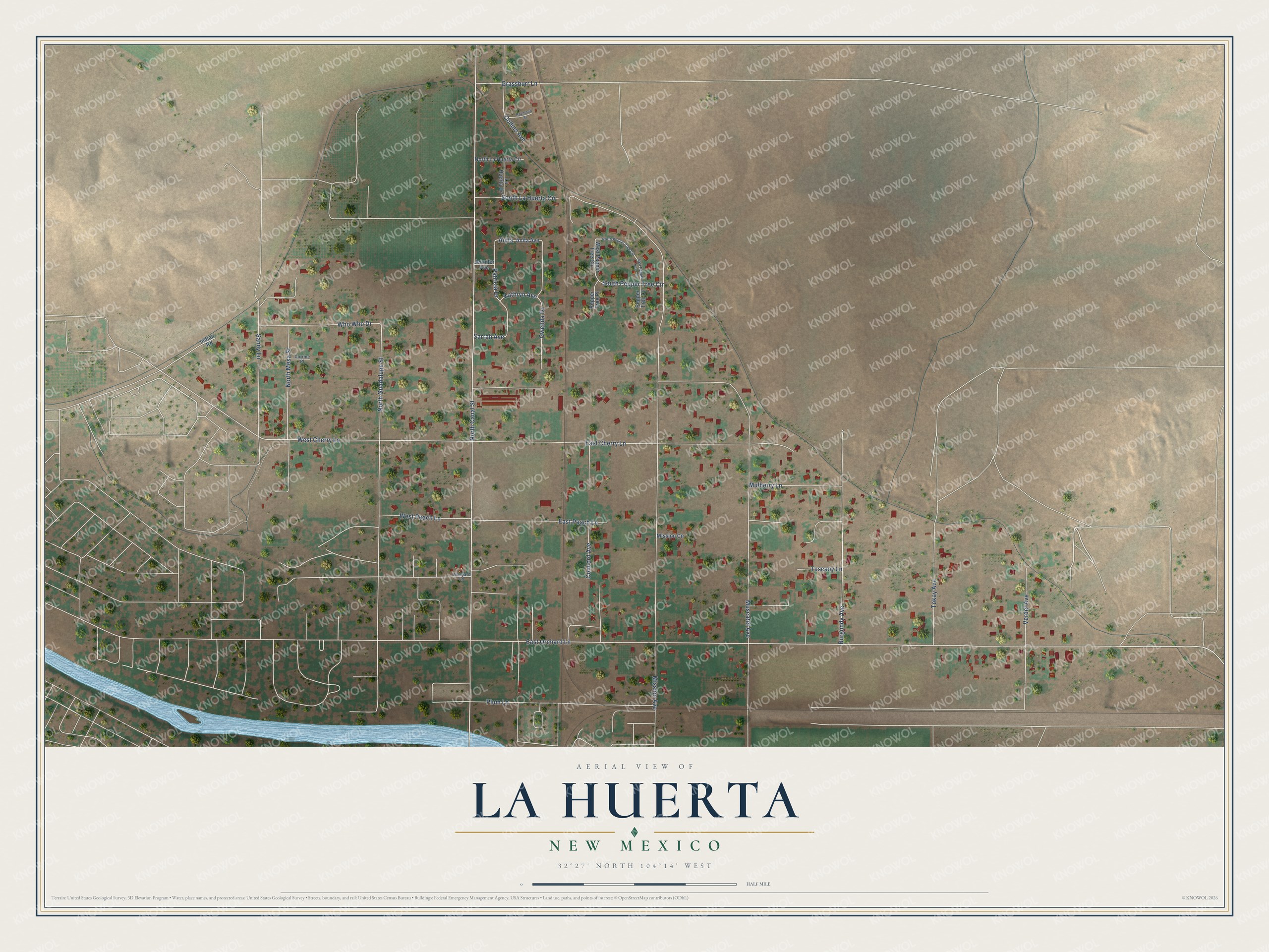 Full map of La Huerta, New Mexico, with red buildings, printed street names and the land around them