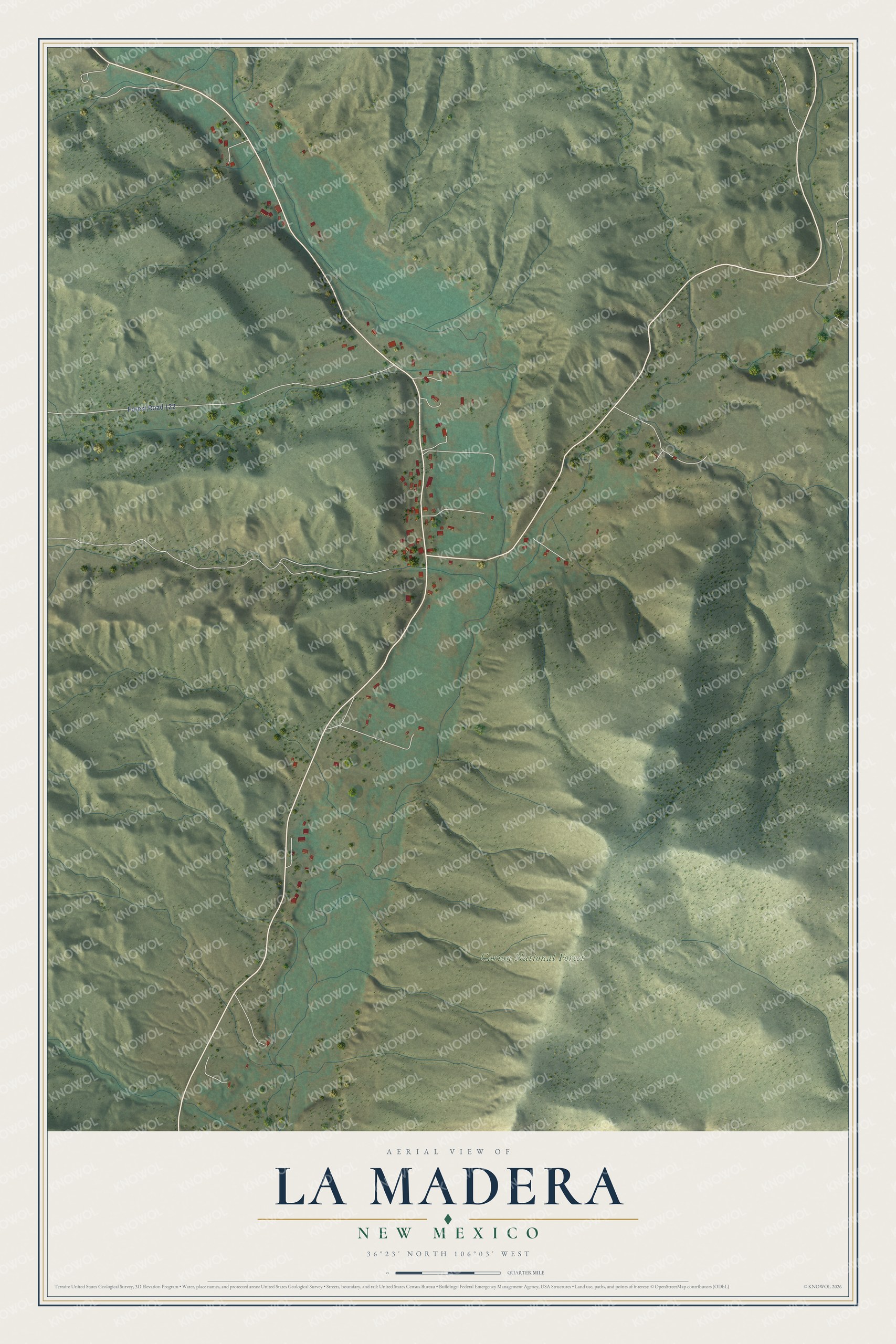 Full map of La Madera, New Mexico, with red buildings, printed street names and the land around them