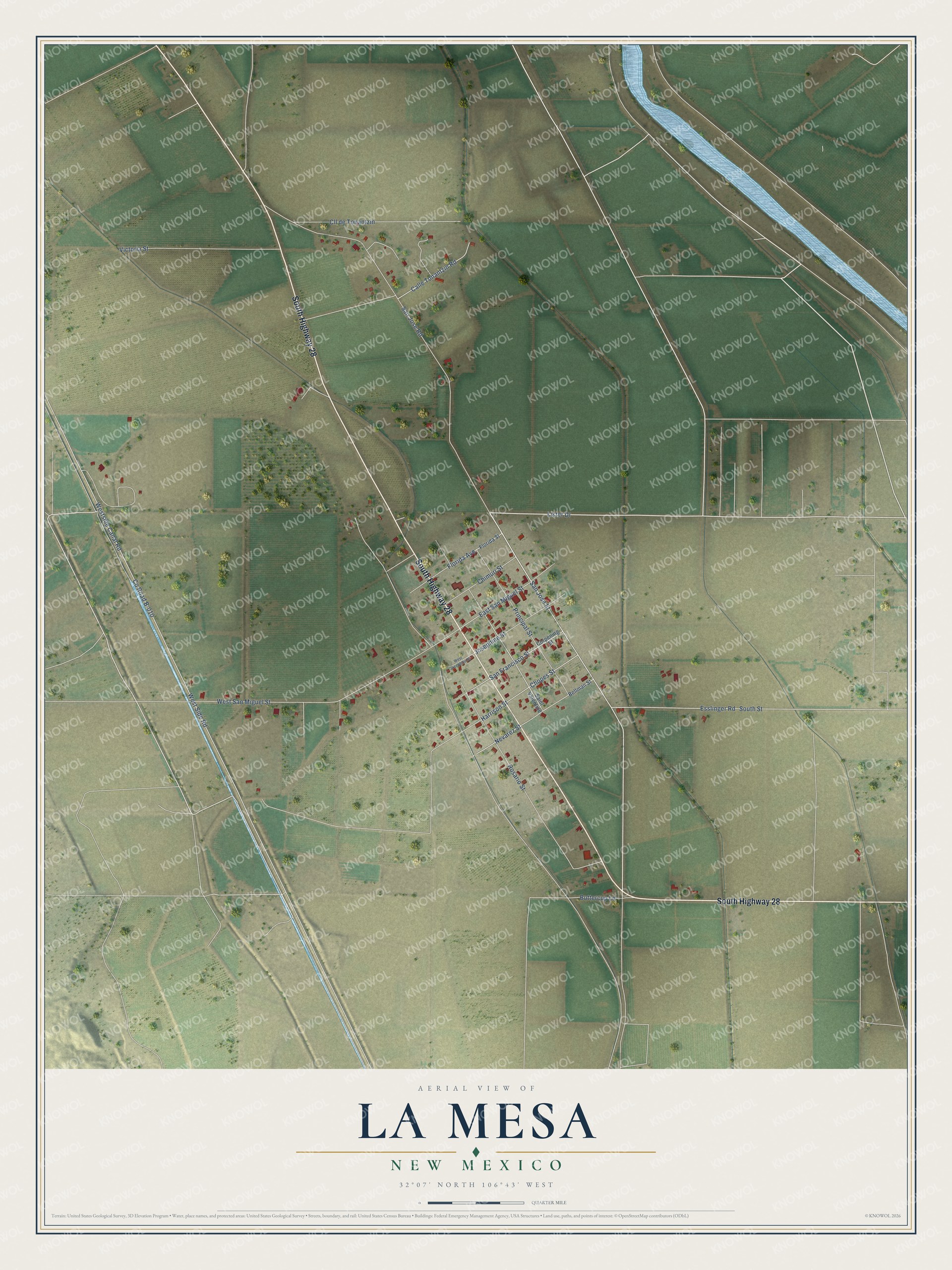 Full map of La Mesa, New Mexico, with red buildings, printed street names and the land around them