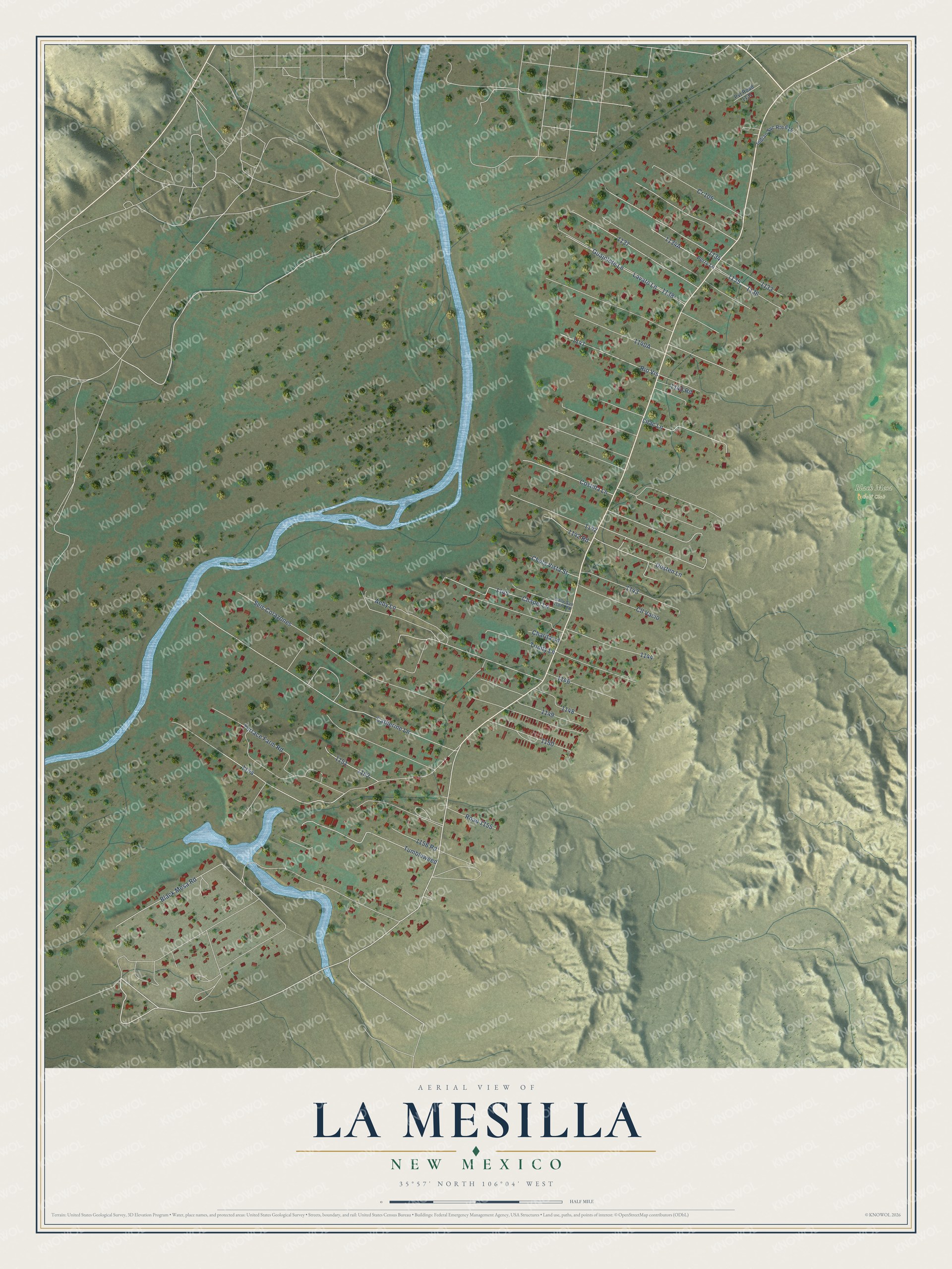 Full map of La Mesilla, New Mexico, with red buildings, printed street names and the land around them