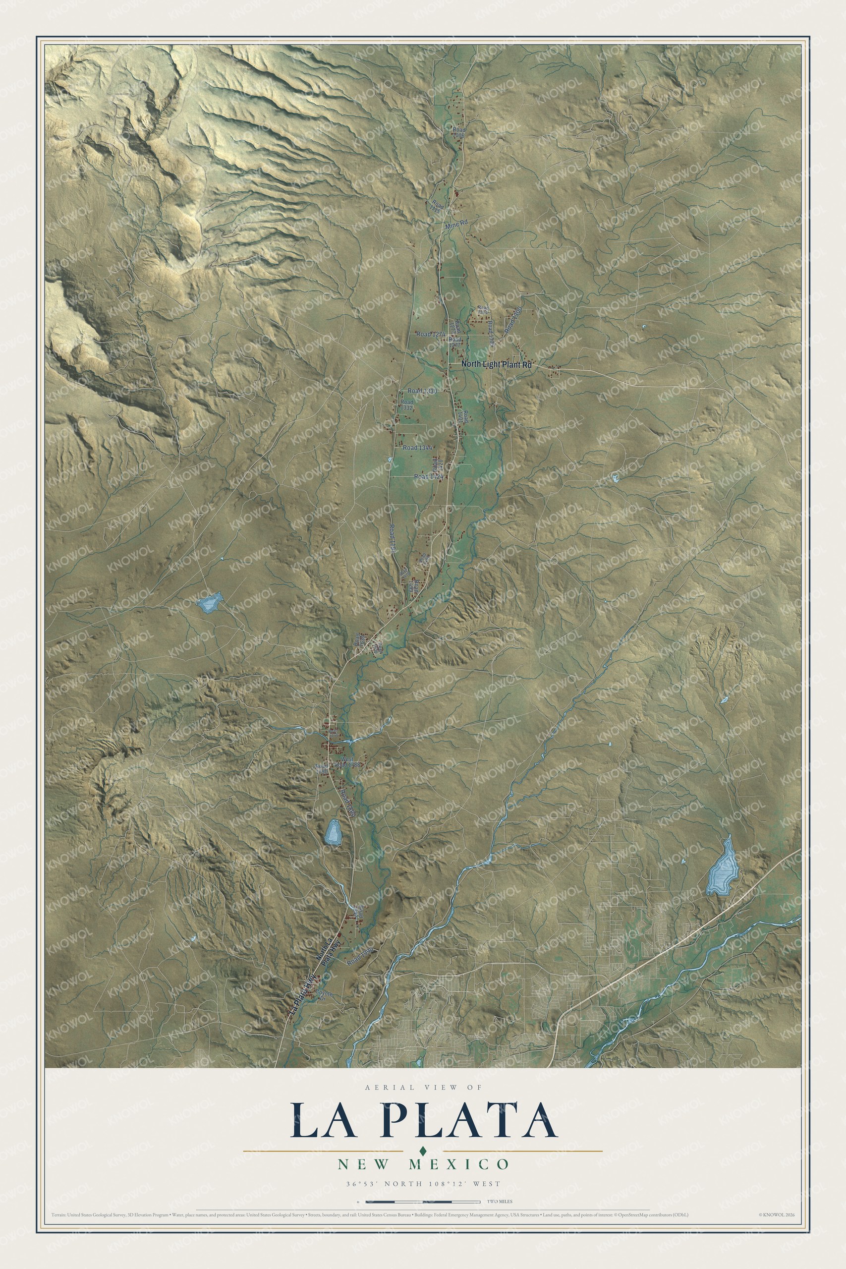 Full map of La Plata, New Mexico, with red buildings, printed street names and the land around them