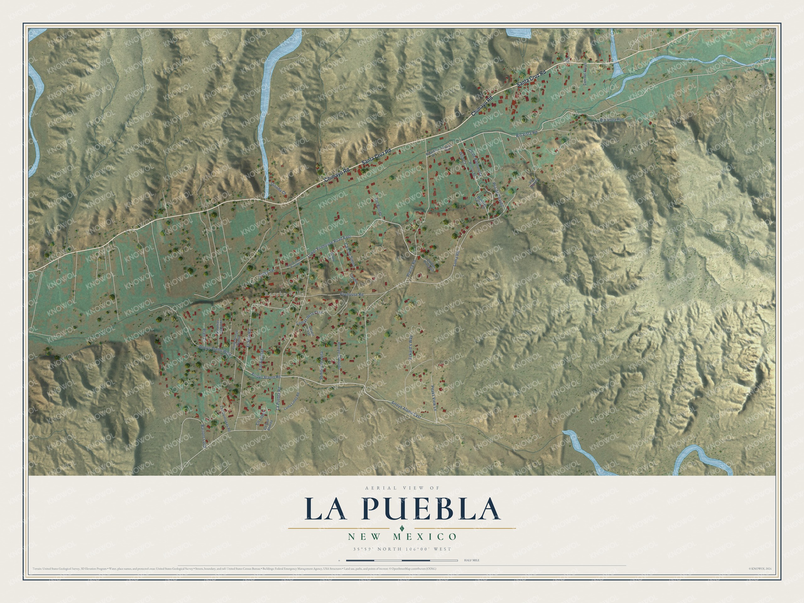 Full map of La Puebla, New Mexico, with red buildings, printed street names and the land around them