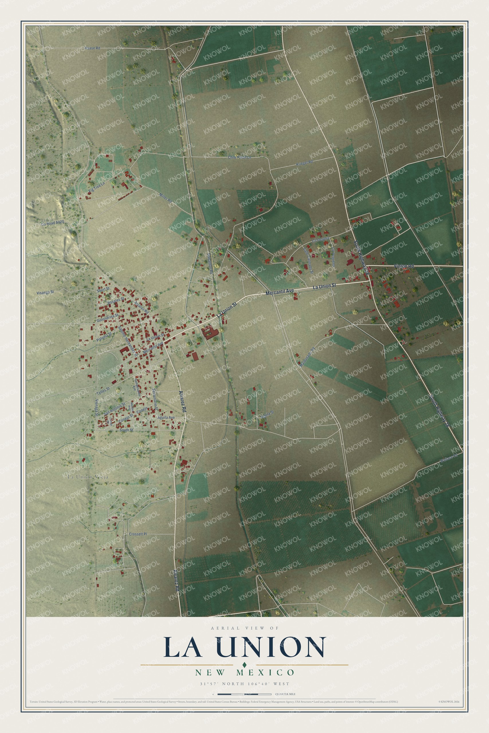 Full map of La Union, New Mexico, with red buildings, printed street names and the land around them
