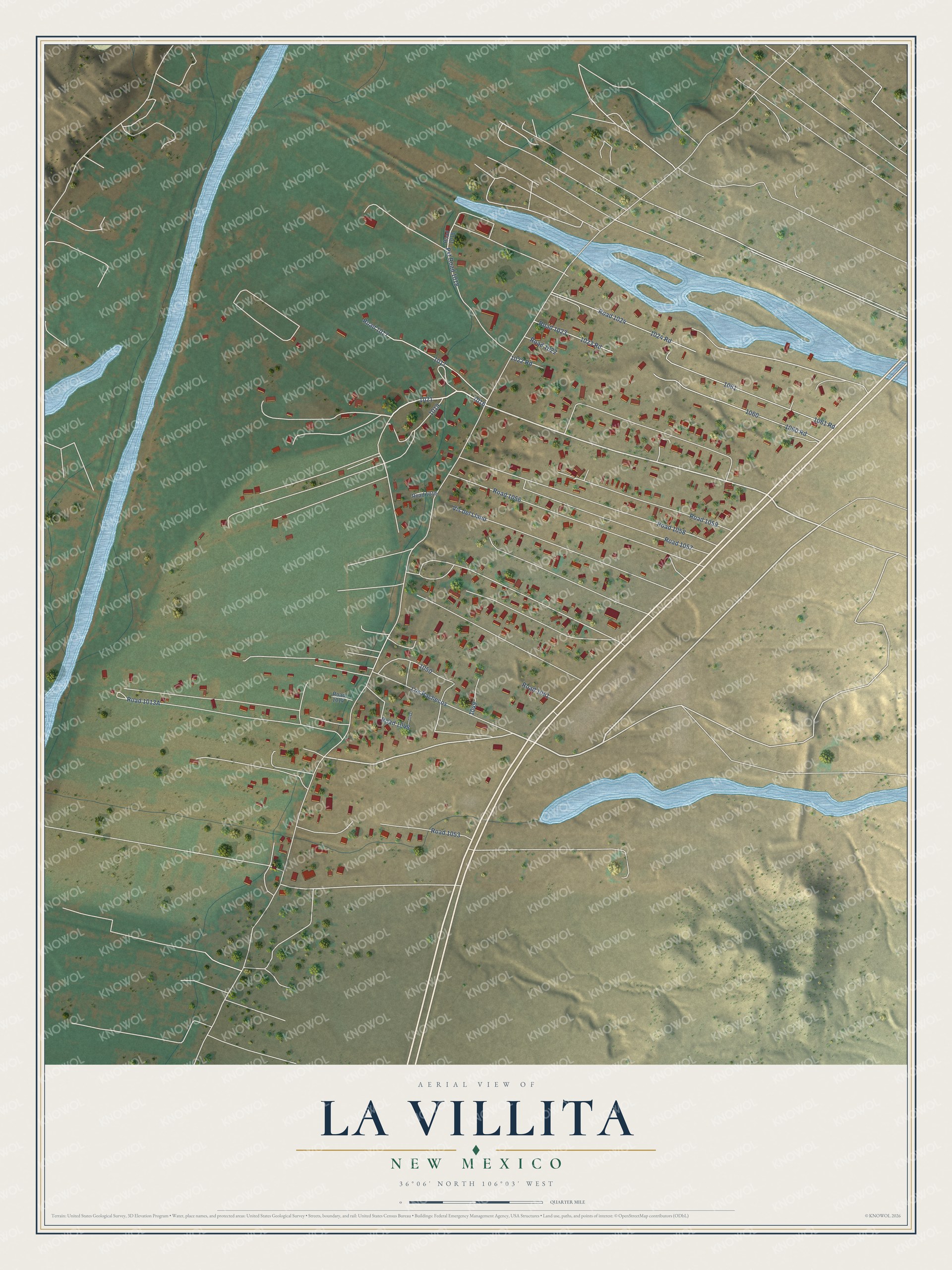 Full map of La Villita, New Mexico, with red buildings, printed street names and the land around them