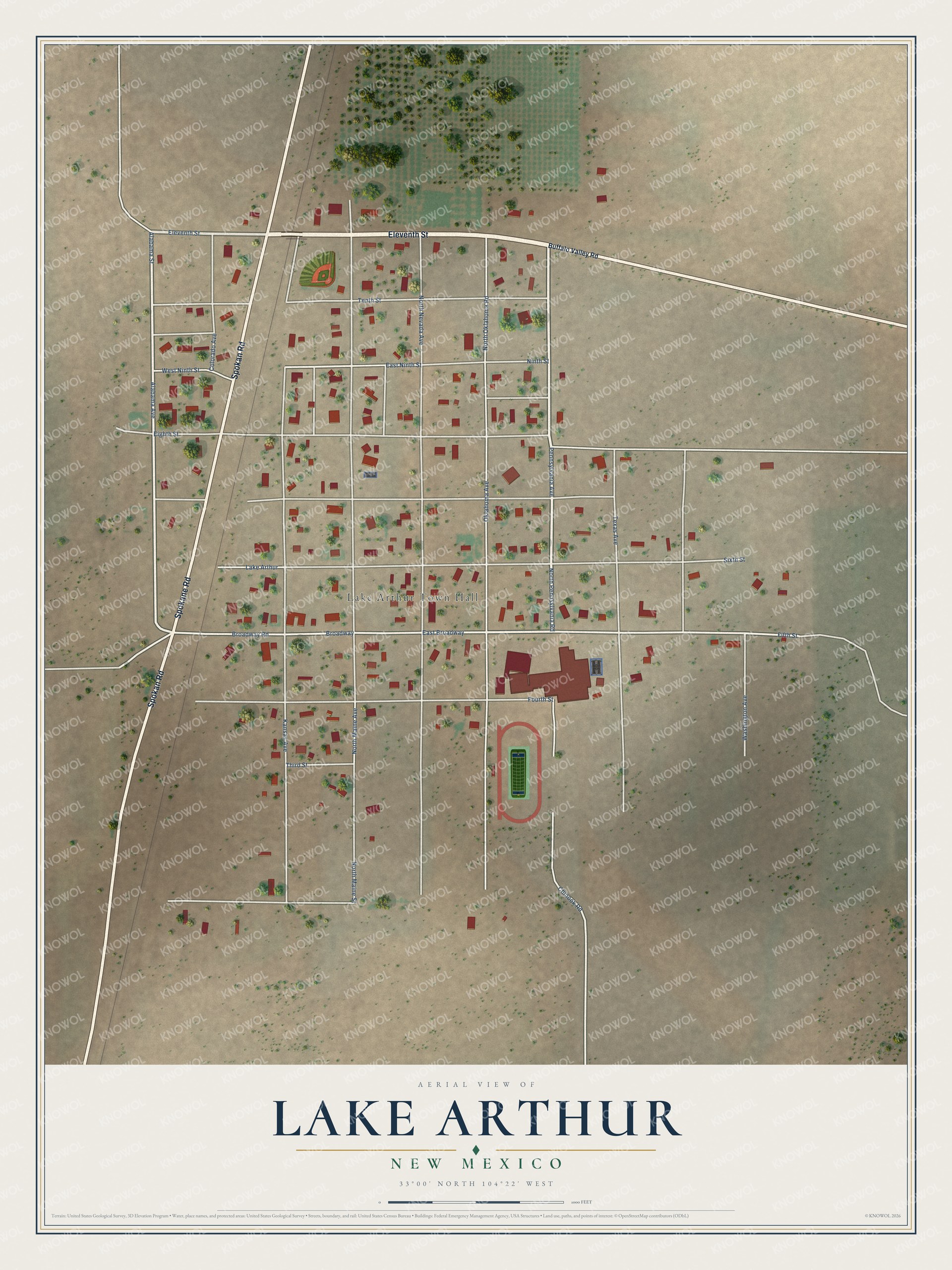 Full map of Lake Arthur, New Mexico, with red buildings, printed street names and the land around them
