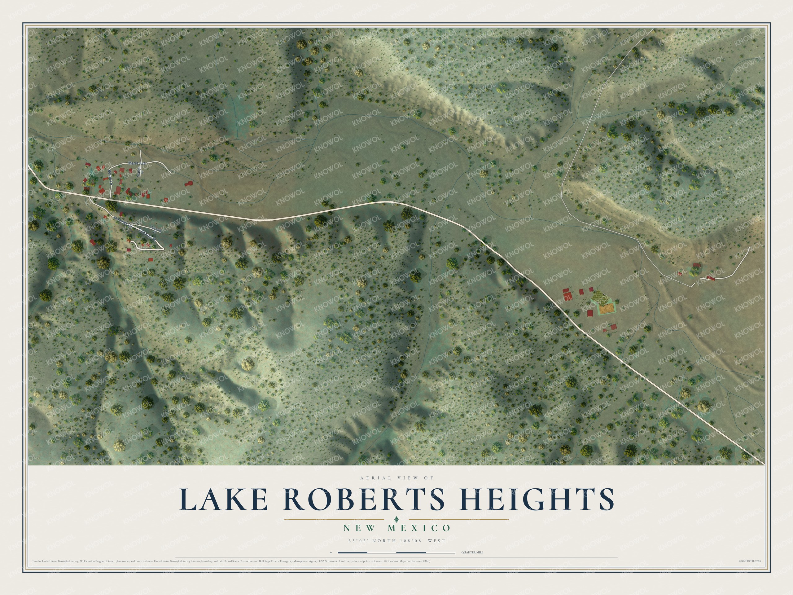 Full map of Lake Roberts Heights, New Mexico, with red buildings, printed street names and the land around them