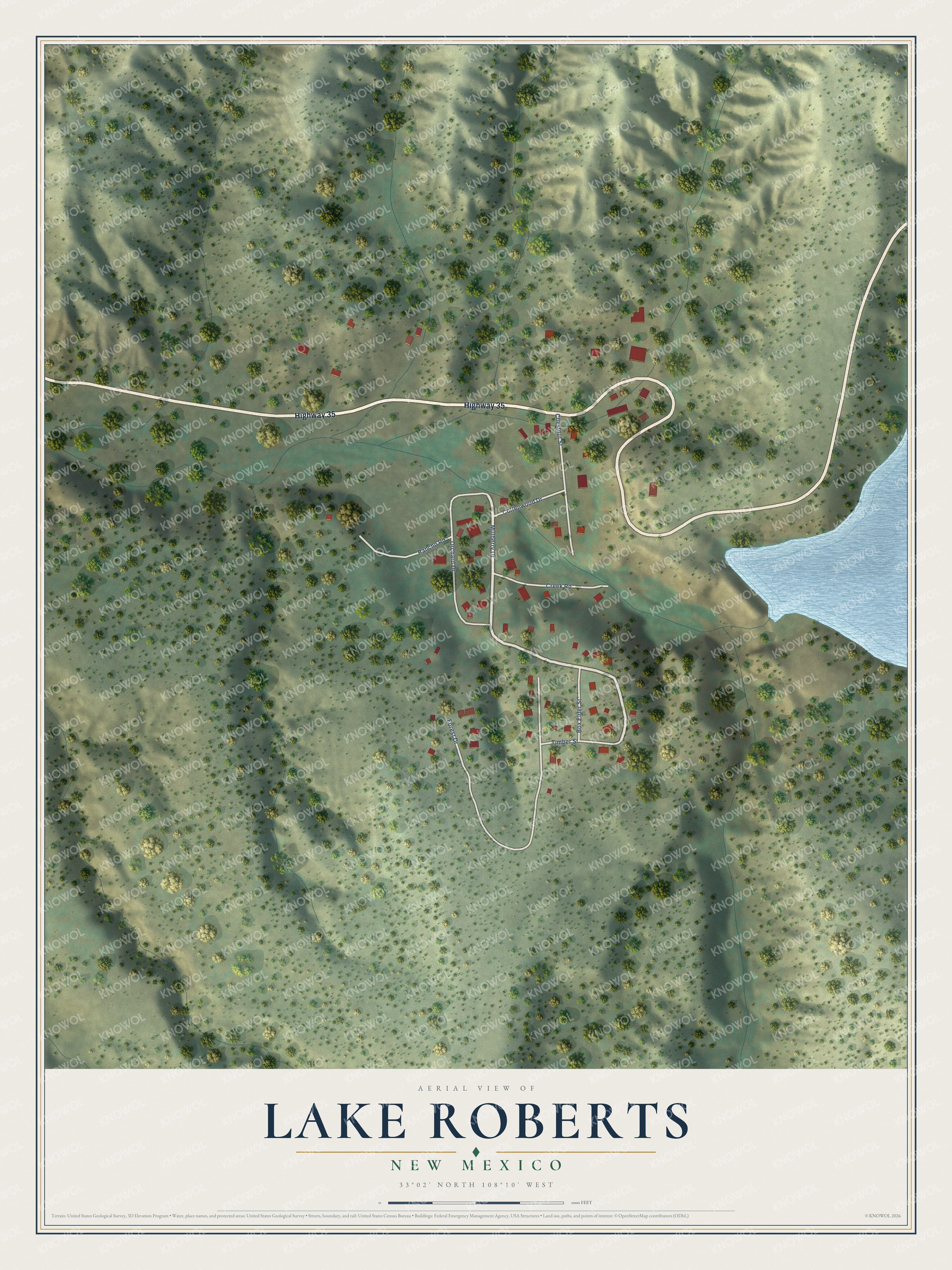 Full map of Lake Roberts, New Mexico, with red buildings, printed street names and the land around them