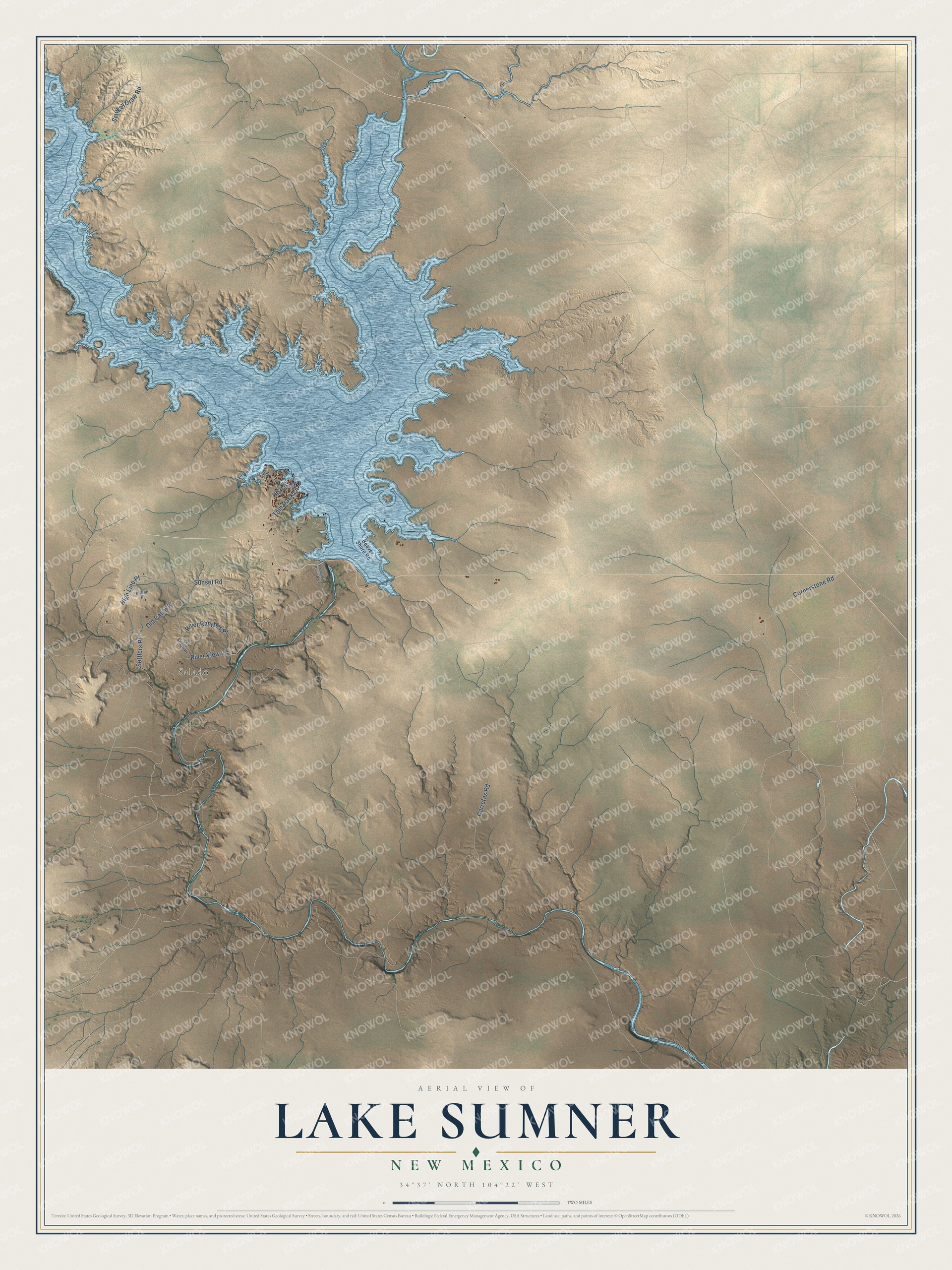 Full map of Lake Sumner, New Mexico, with red buildings, printed street names and the land around them