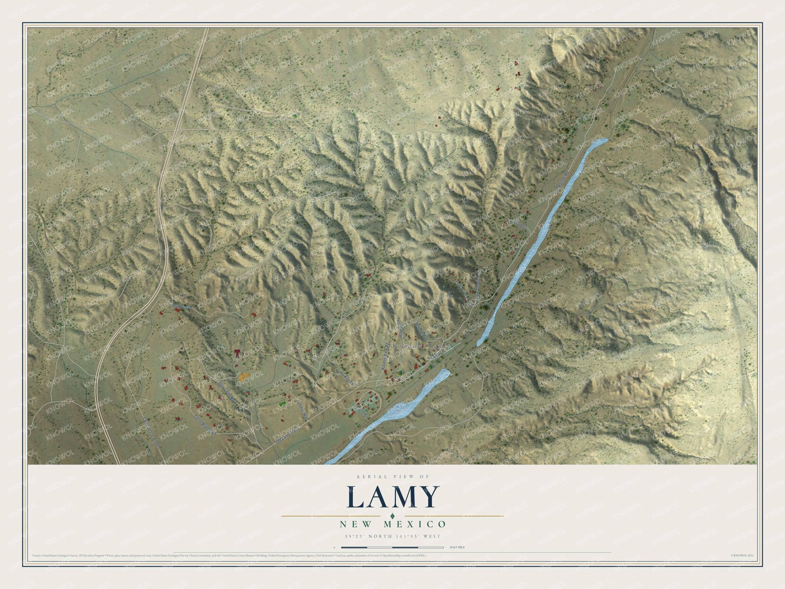 Full map of Lamy, New Mexico, with red buildings, printed street names and the land around them