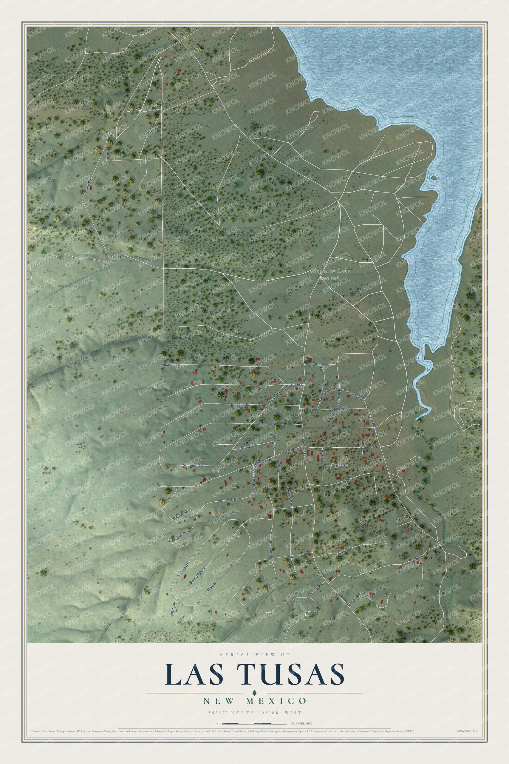 Full map of Las Tusas, New Mexico, with red buildings, printed street names and the land around them