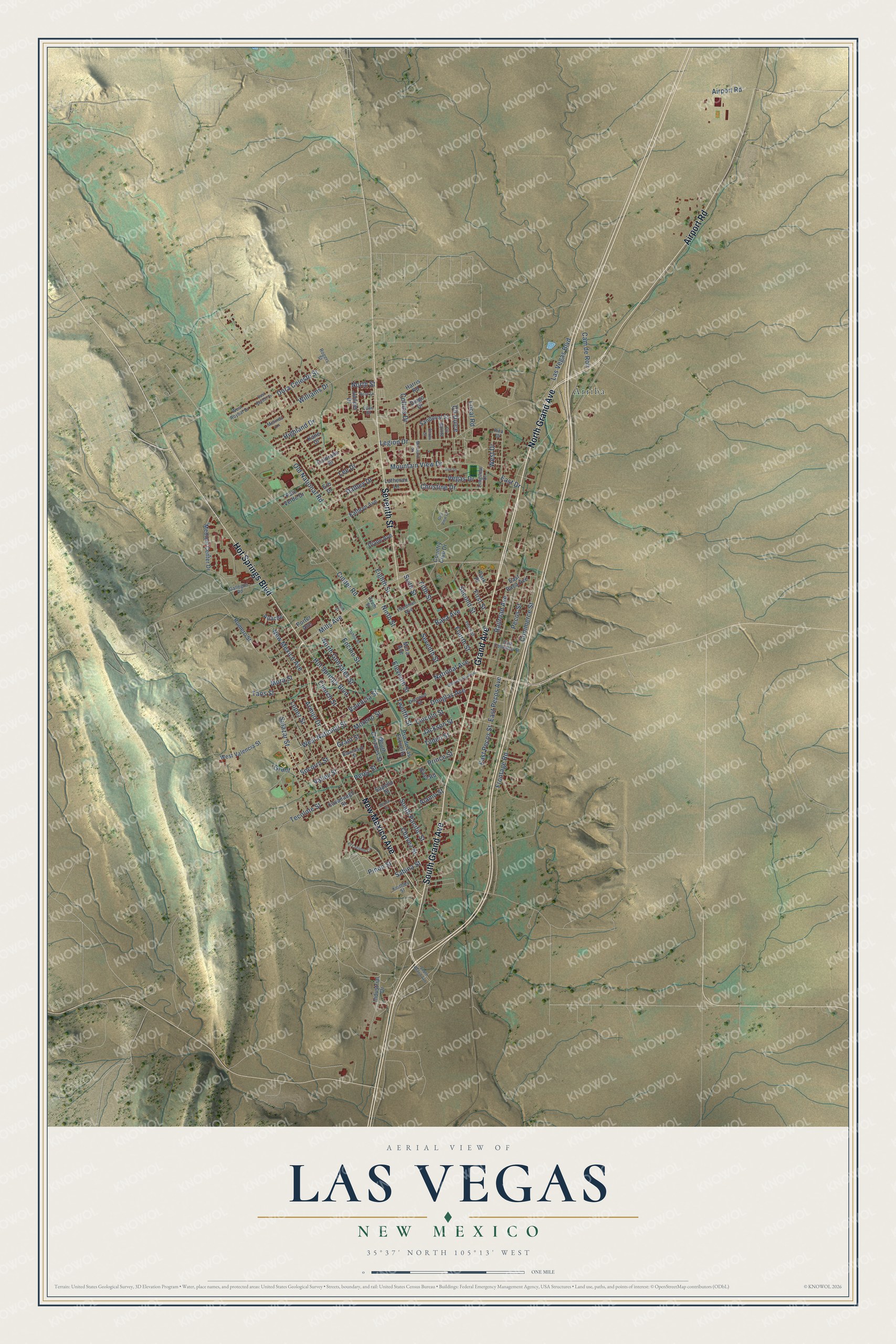 Full map of Las Vegas, New Mexico, with red buildings, printed street names and the land around them