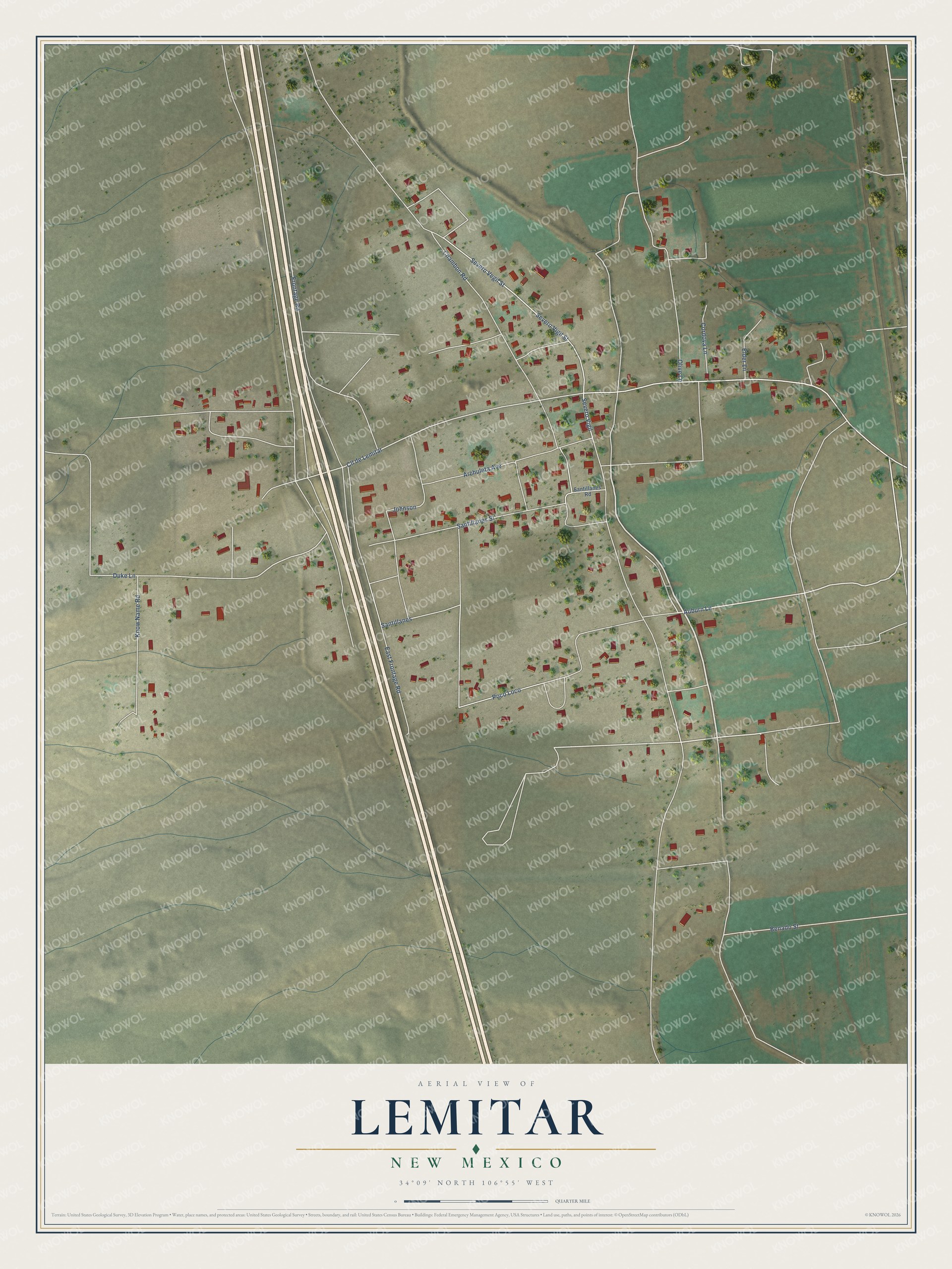 Full map of Lemitar, New Mexico, with red buildings, printed street names and the land around them