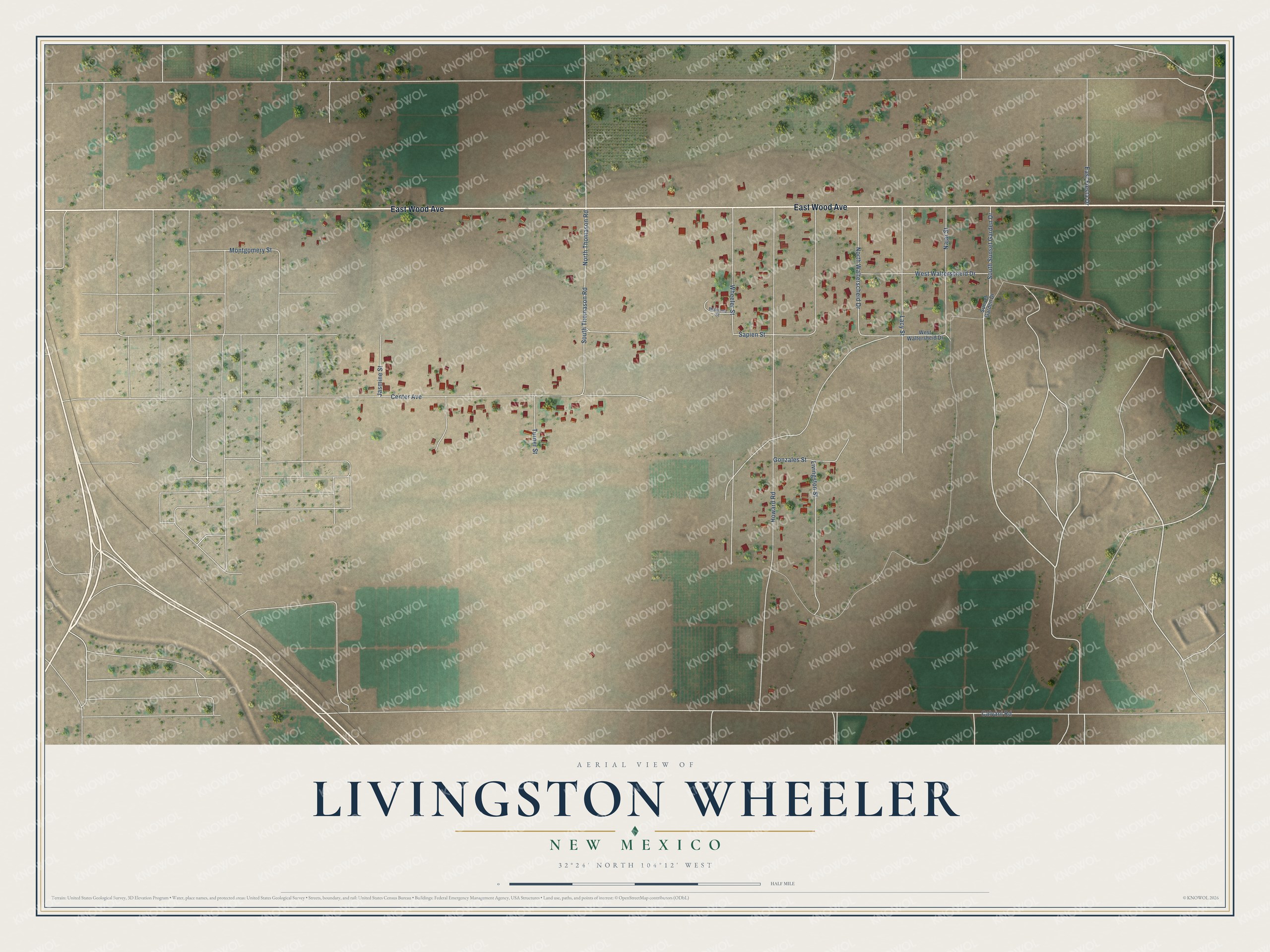 Full map of Livingston Wheeler, New Mexico, with red buildings, printed street names and the land around them
