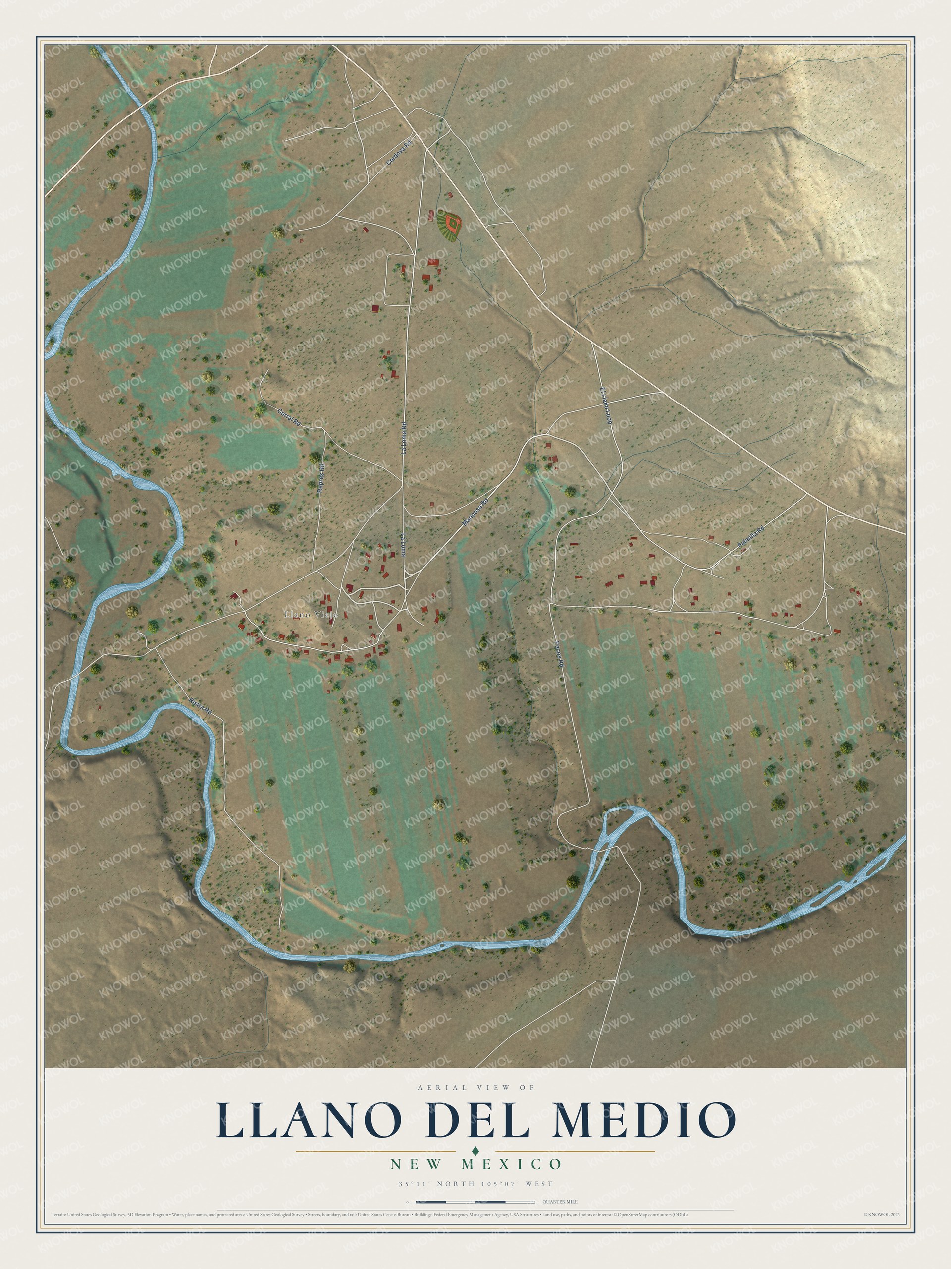 Full map of Llano del Medio, New Mexico, with red buildings, printed street names and the land around them