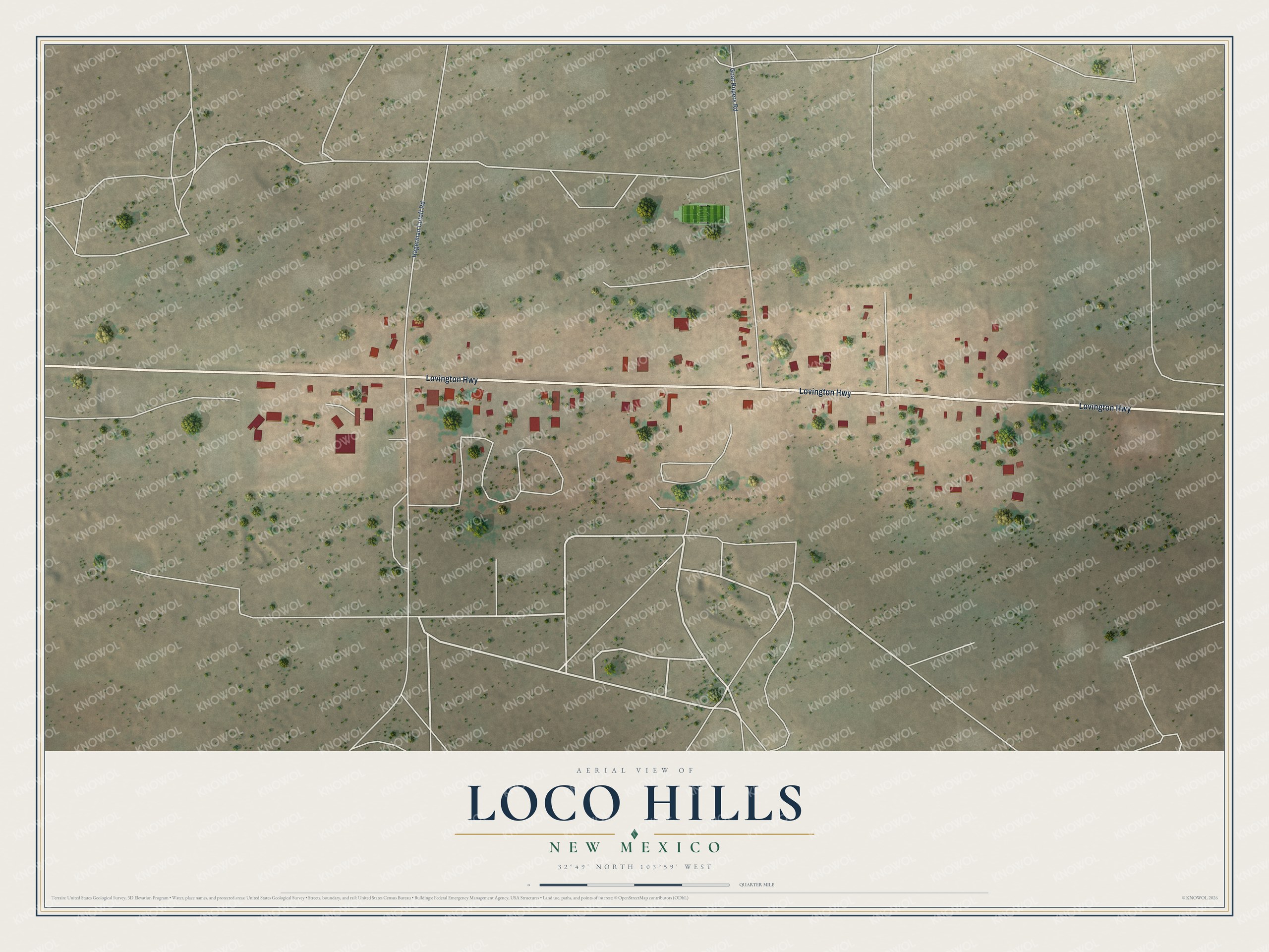 Full map of Loco Hills, New Mexico, with red buildings, printed street names and the land around them