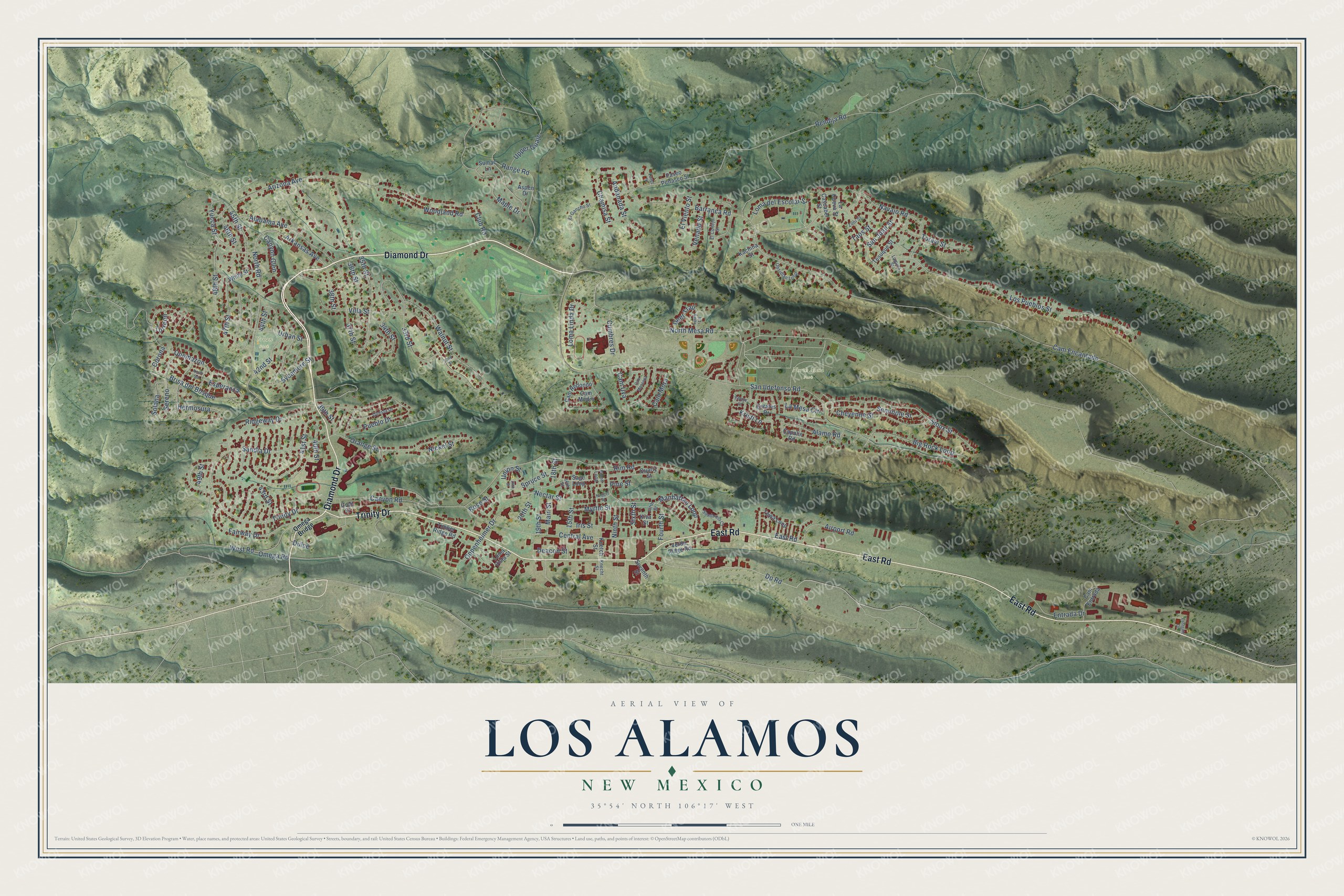 Full map of Los Alamos, New Mexico, with red buildings, printed street names and the land around them