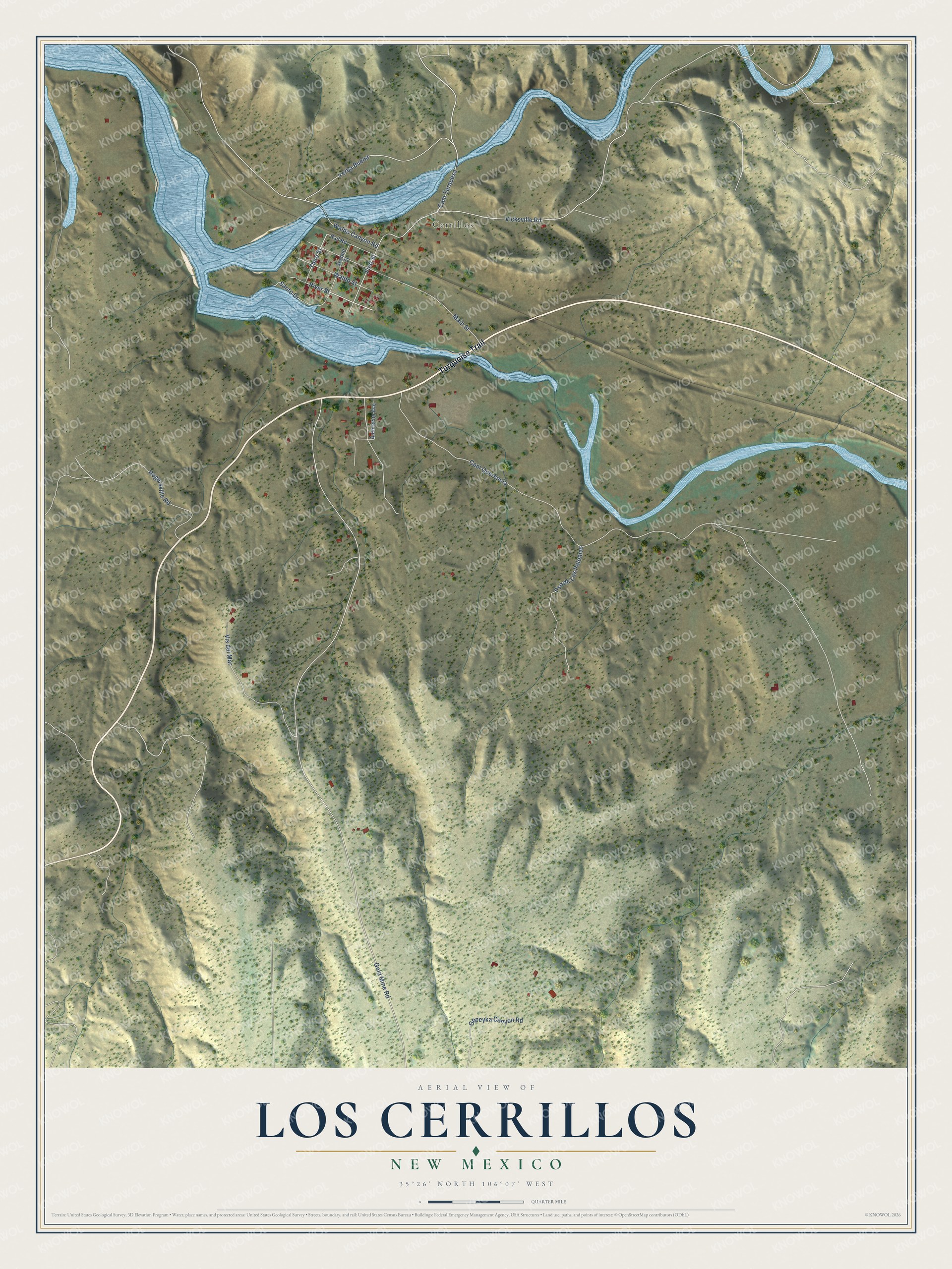 Full map of Los Cerrillos, New Mexico, with red buildings, printed street names and the land around them