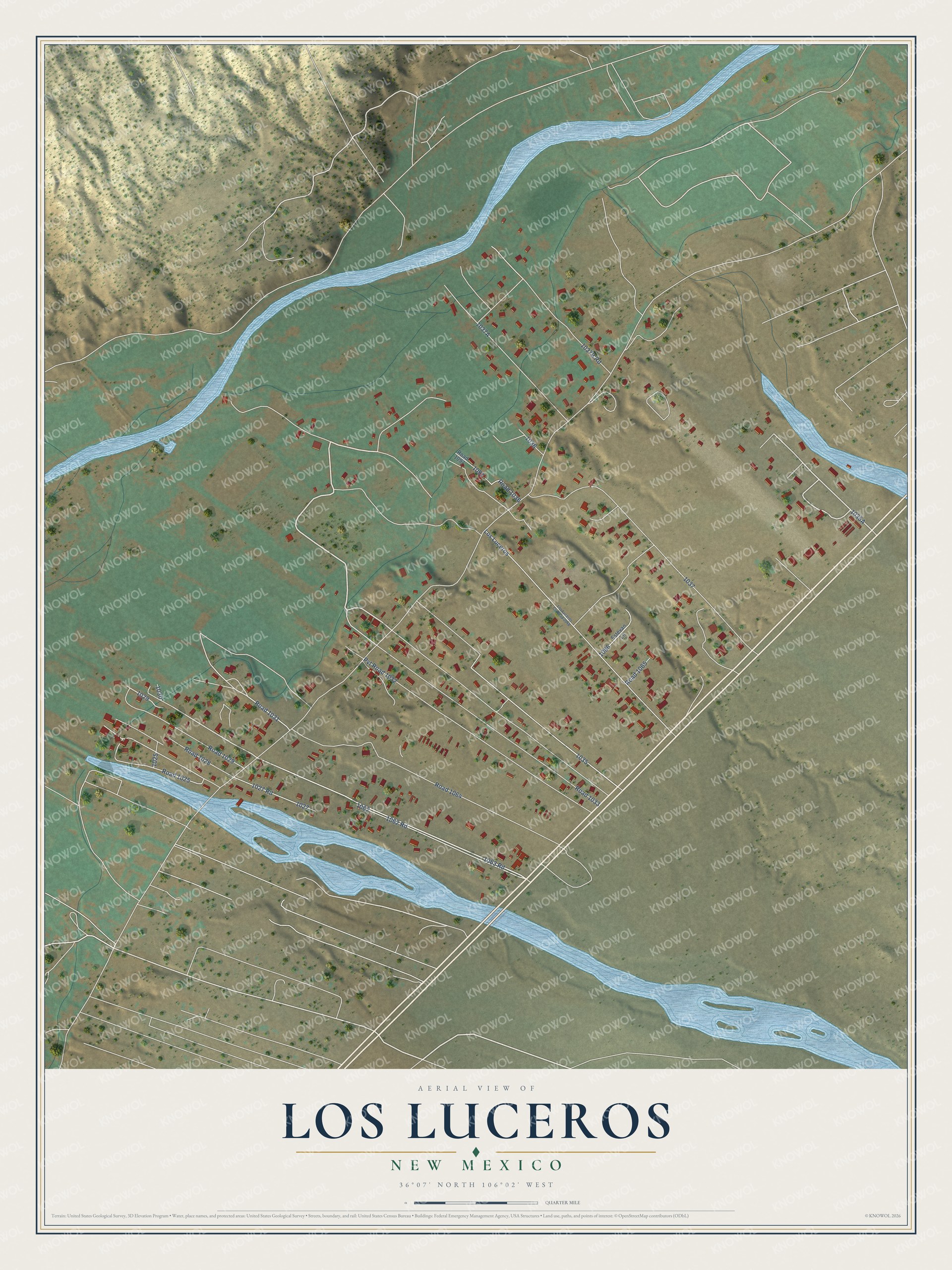 Full map of Los Luceros, New Mexico, with red buildings, printed street names and the land around them