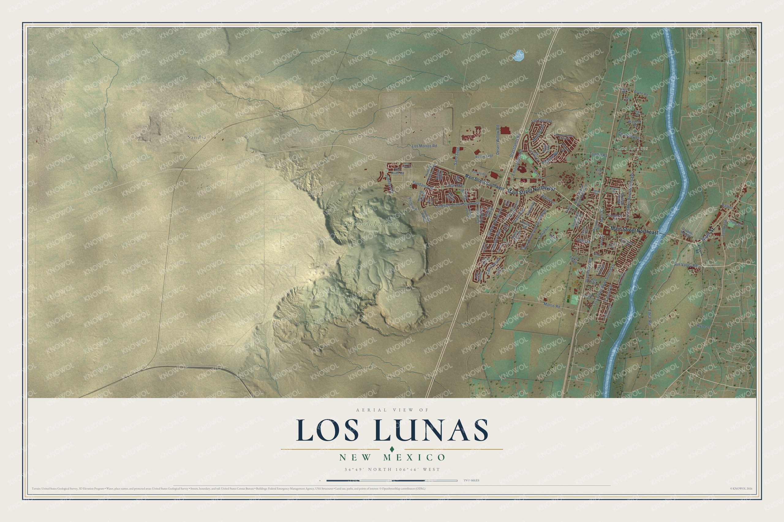 Full map of Los Lunas, New Mexico, with red buildings, printed street names and the land around them