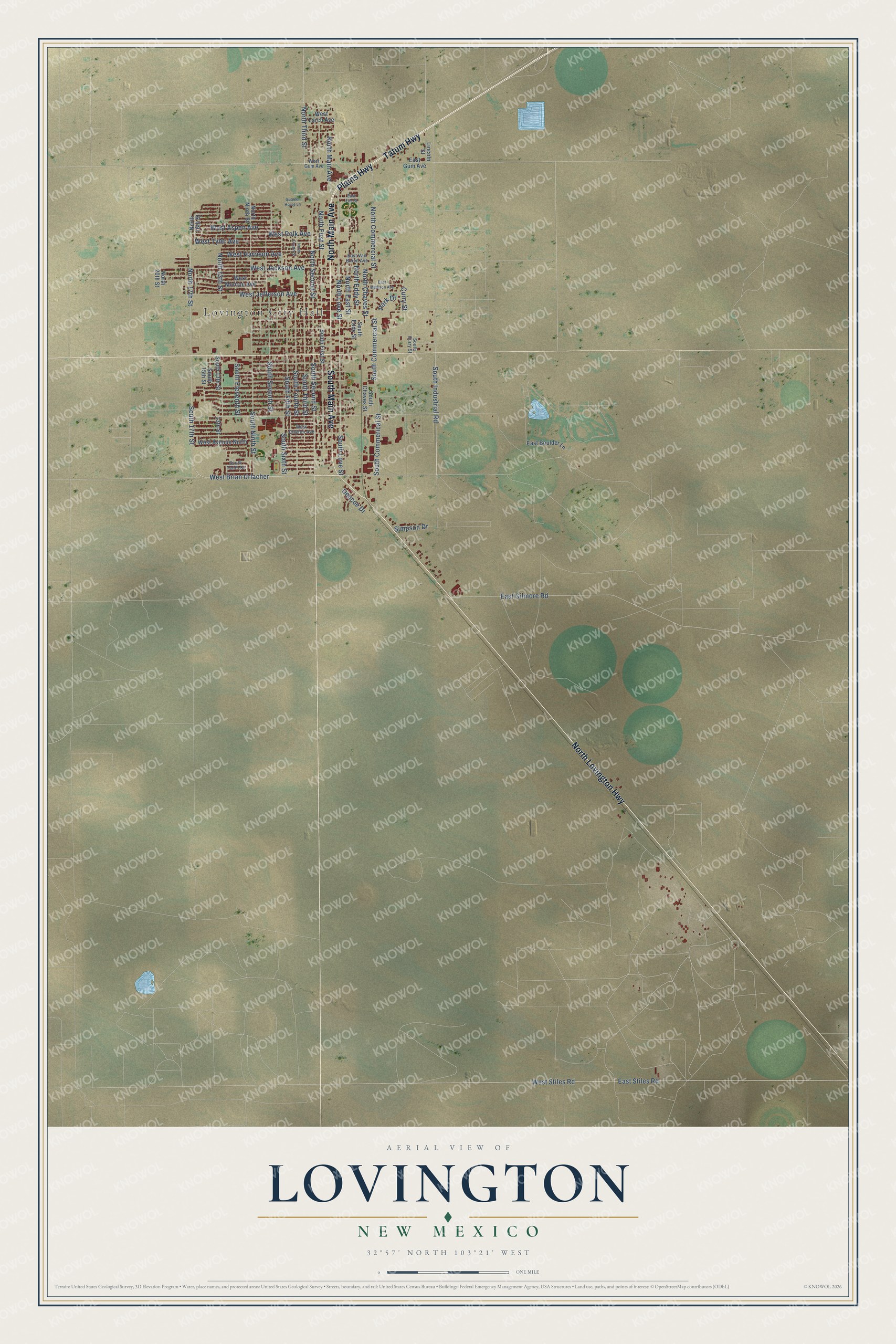 Full map of Lovington, New Mexico, with red buildings, printed street names and the land around them