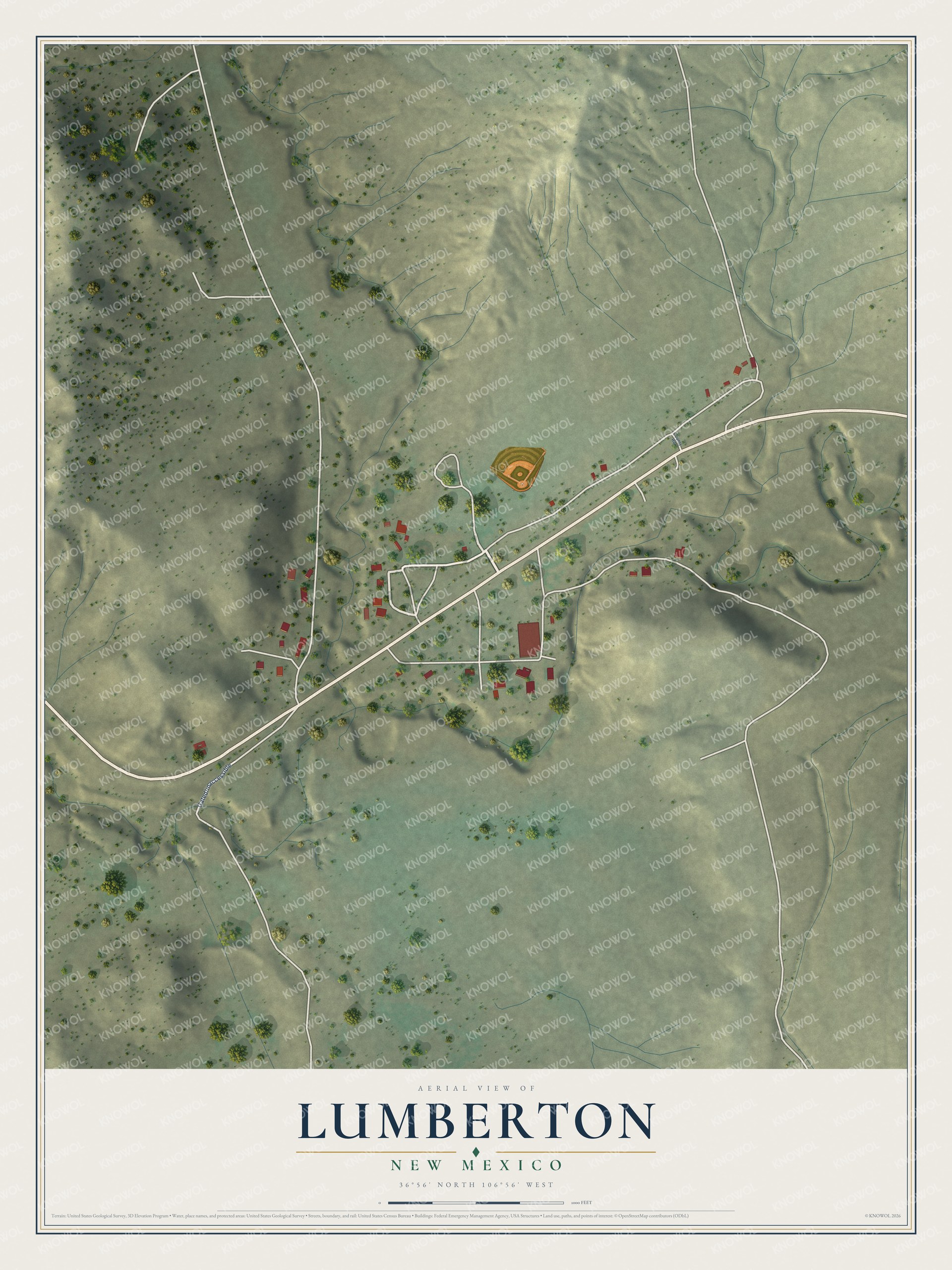 Full map of Lumberton, New Mexico, with red buildings, printed street names and the land around them