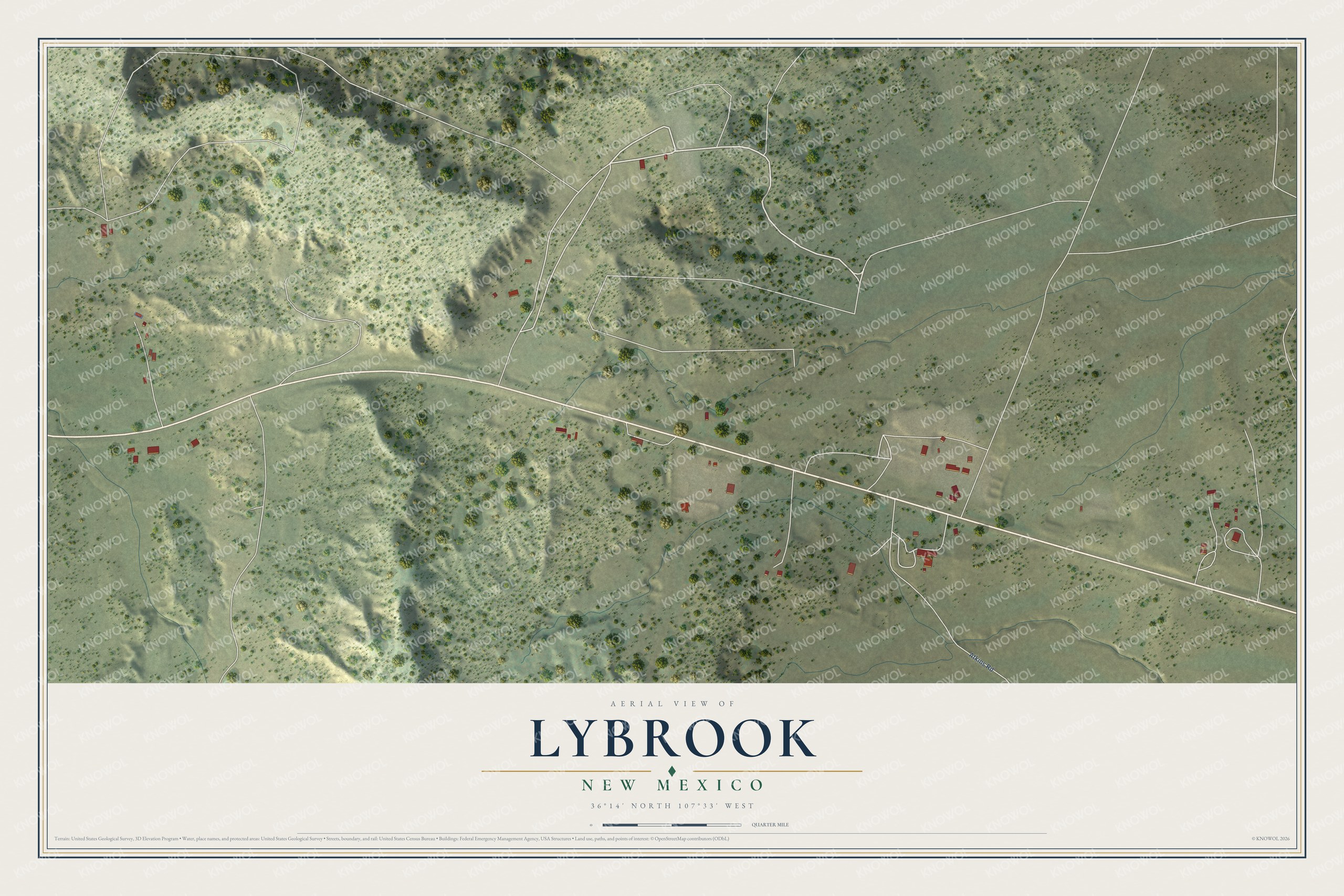 Full map of Lybrook, New Mexico, with red buildings, printed street names and the land around them