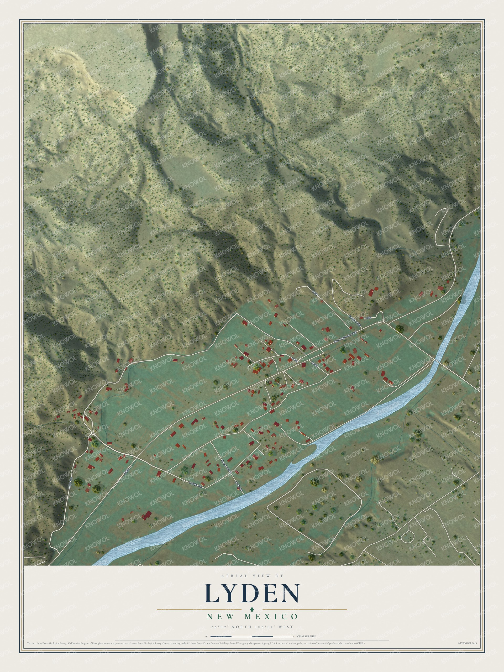 Full map of Lyden, New Mexico, with red buildings, printed street names and the land around them