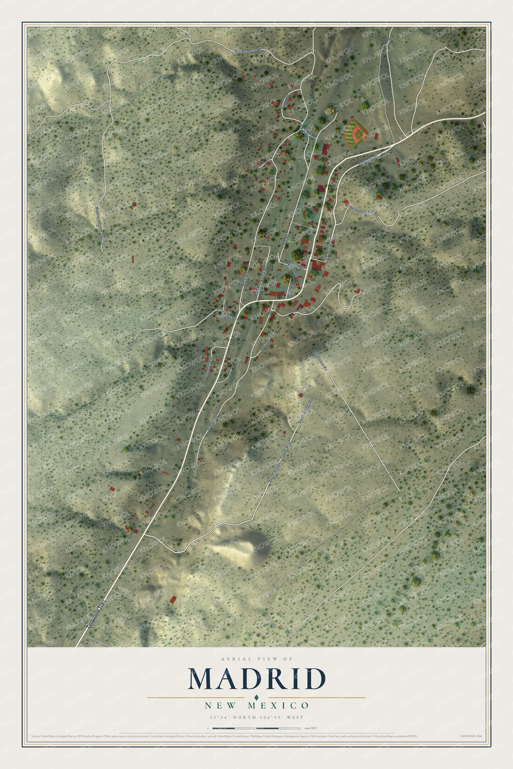 Full map of Madrid, New Mexico, with red buildings, printed street names and the land around them