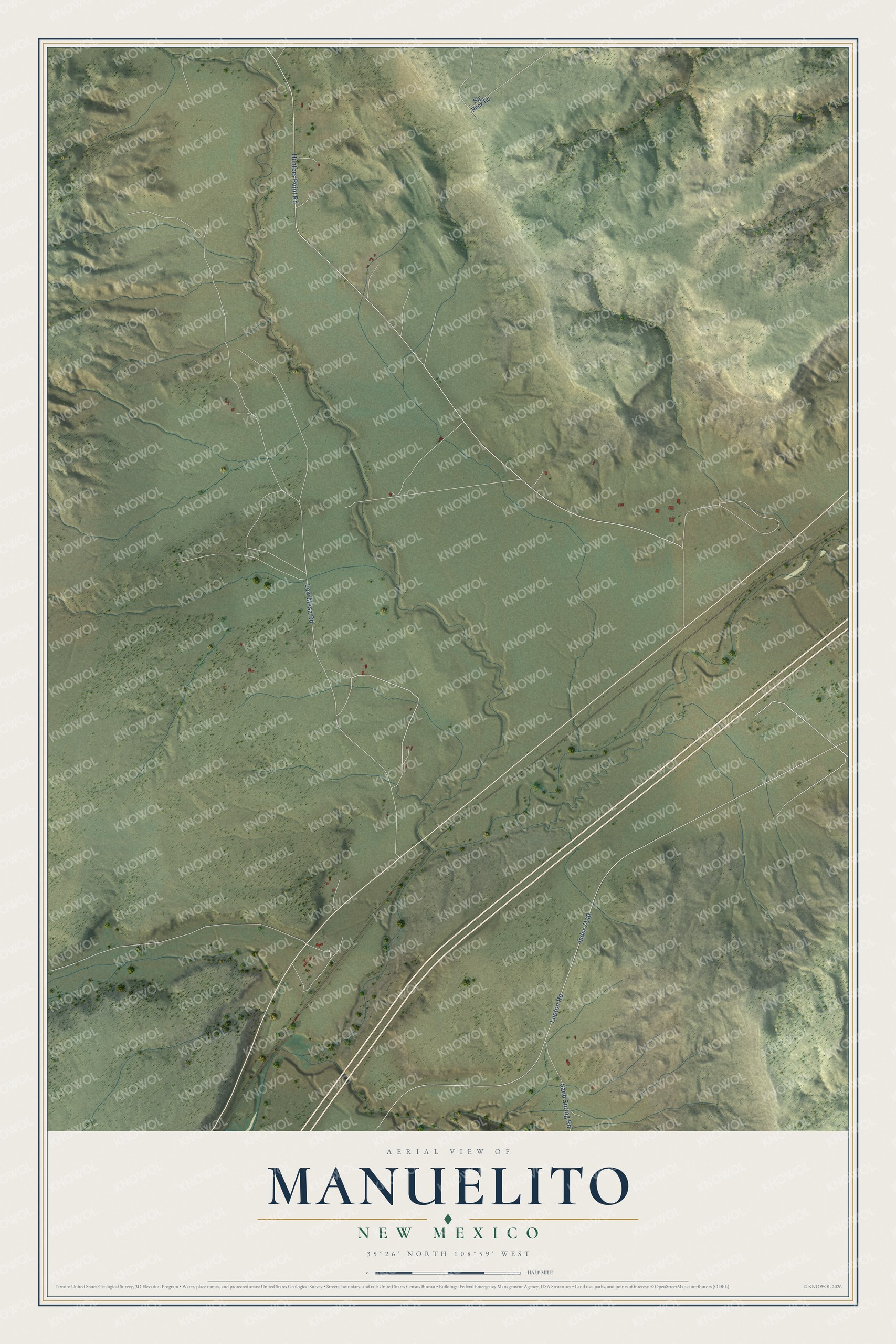 Full map of Manuelito, New Mexico, with red buildings, printed street names and the land around them