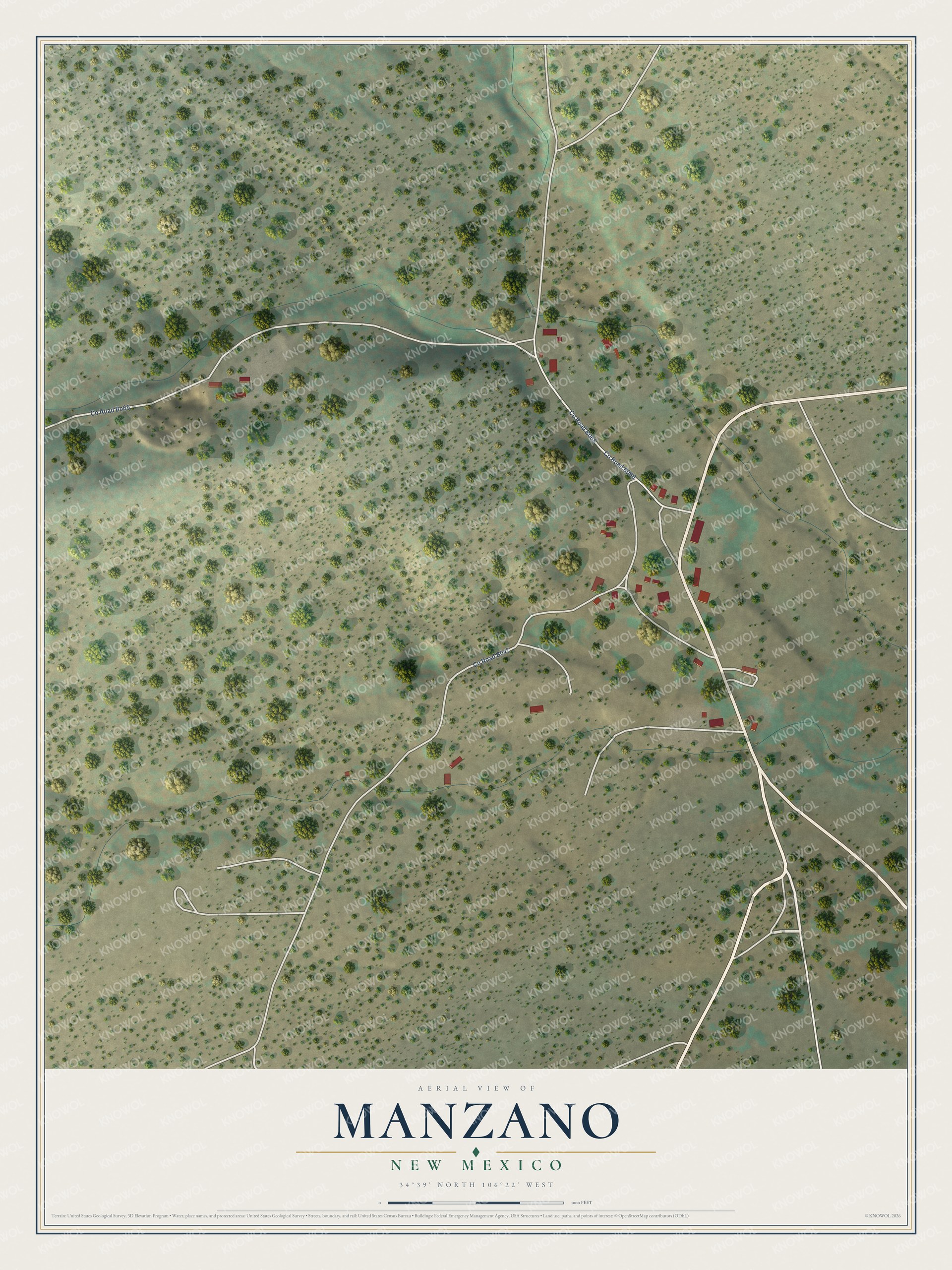 Full map of Manzano, New Mexico, with red buildings, printed street names and the land around them