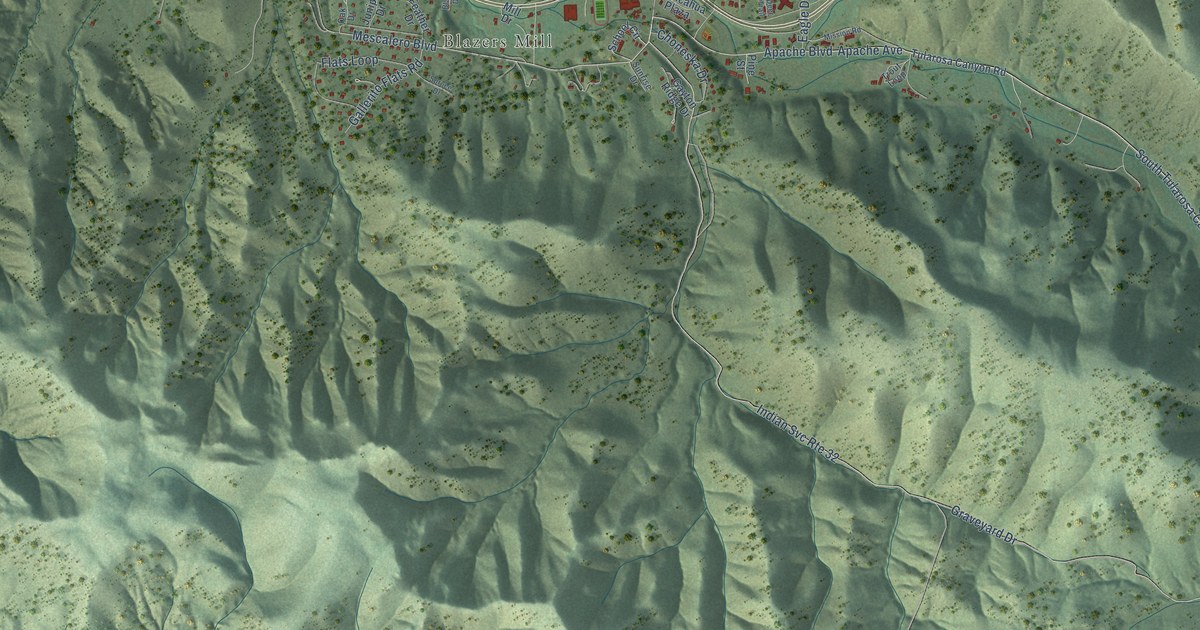 Close-up of streets and buildings in Mescalero, New Mexico