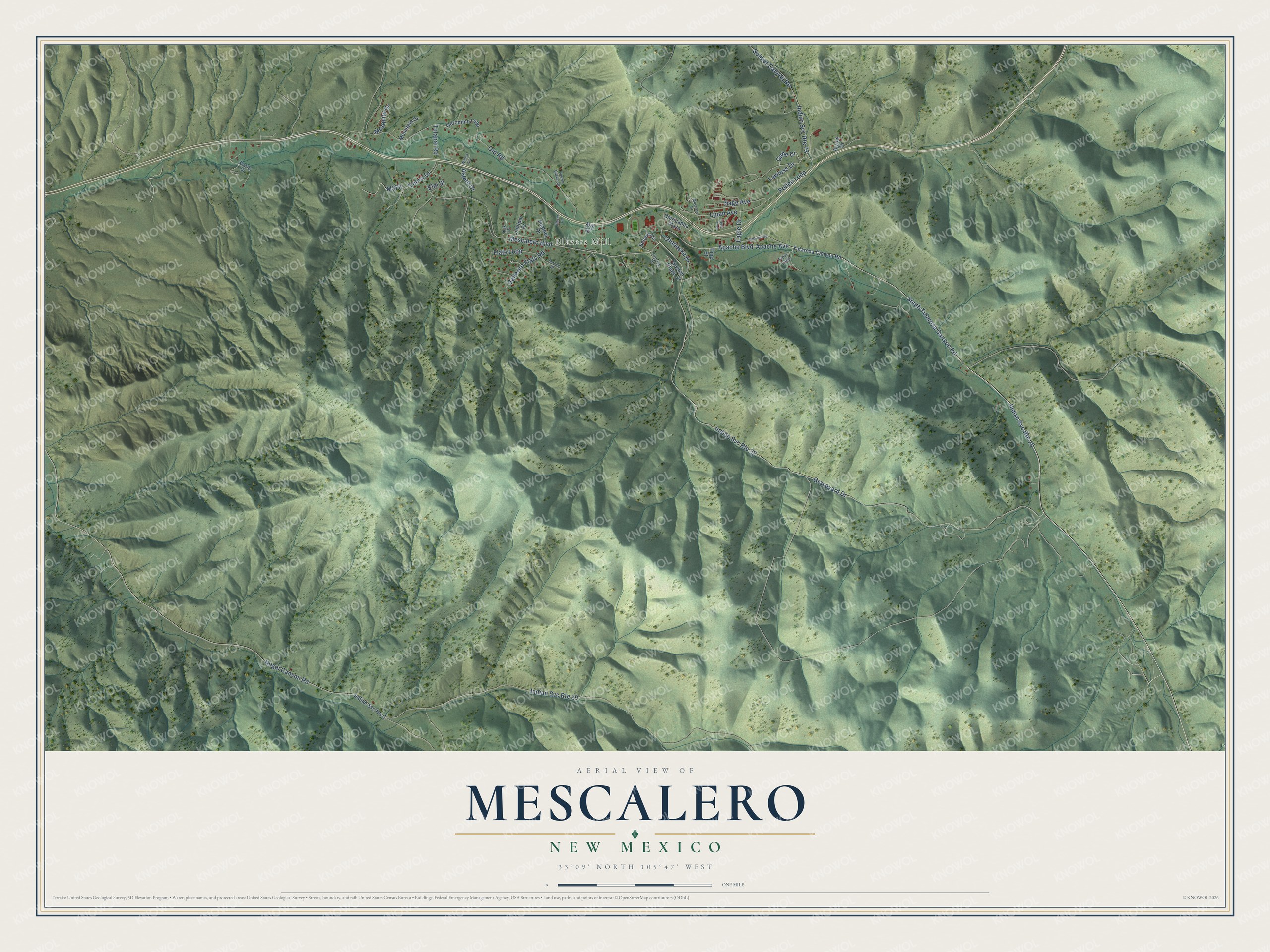 Full map of Mescalero, New Mexico, with red buildings, printed street names and the land around them