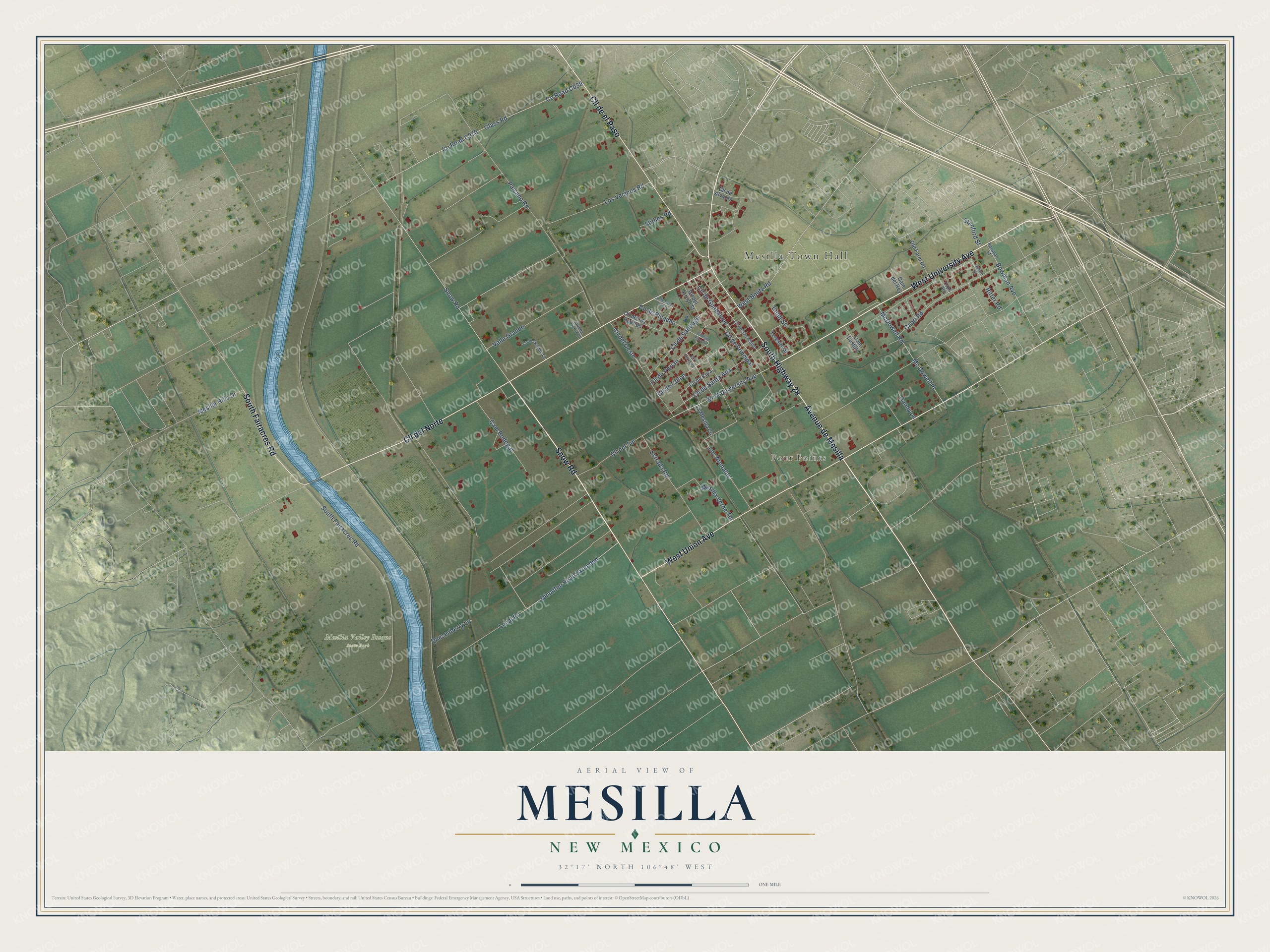 Full map of Mesilla, New Mexico, with red buildings, printed street names and the land around them