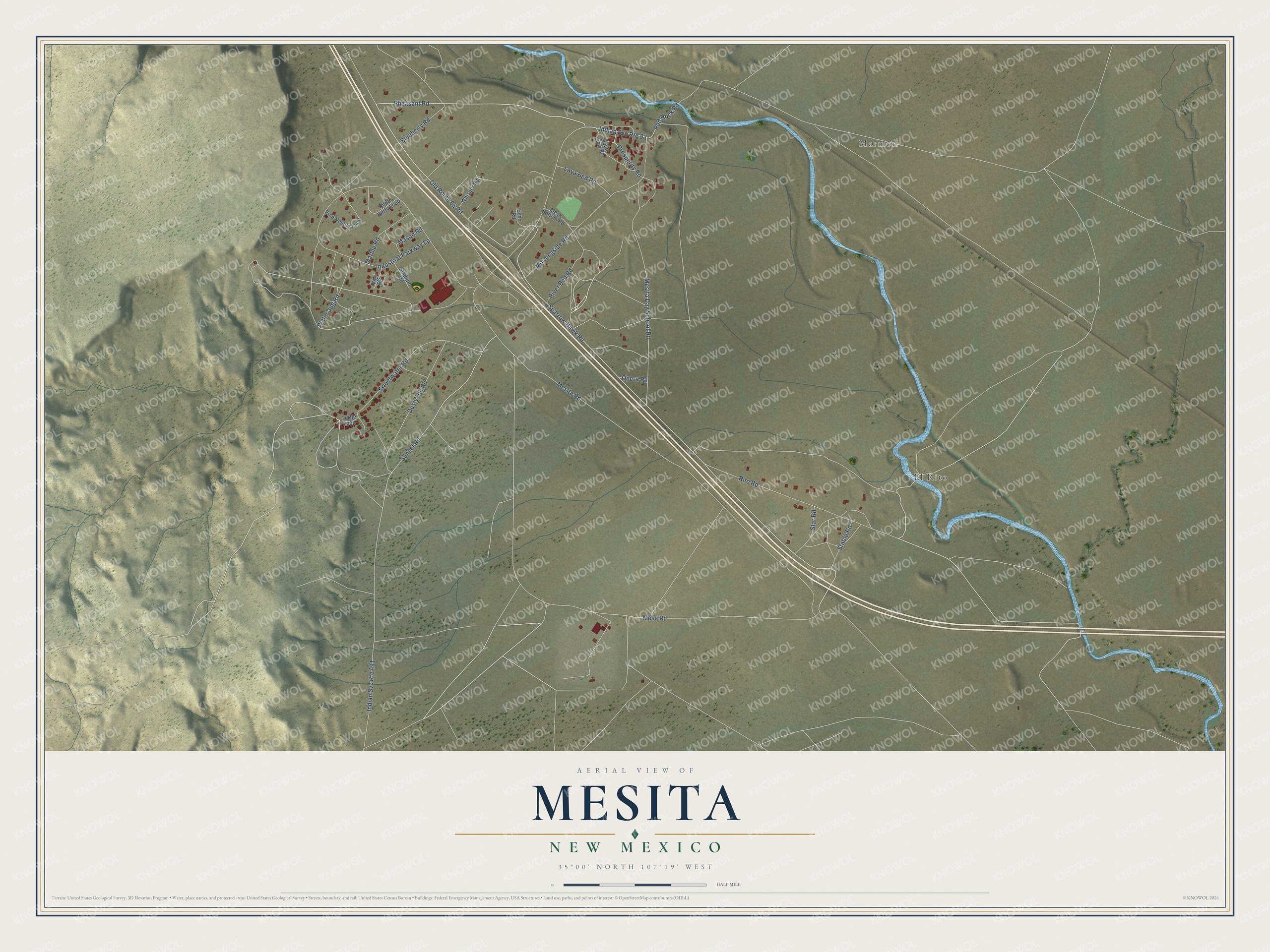 Full map of Mesita, New Mexico, with red buildings, printed street names and the land around them