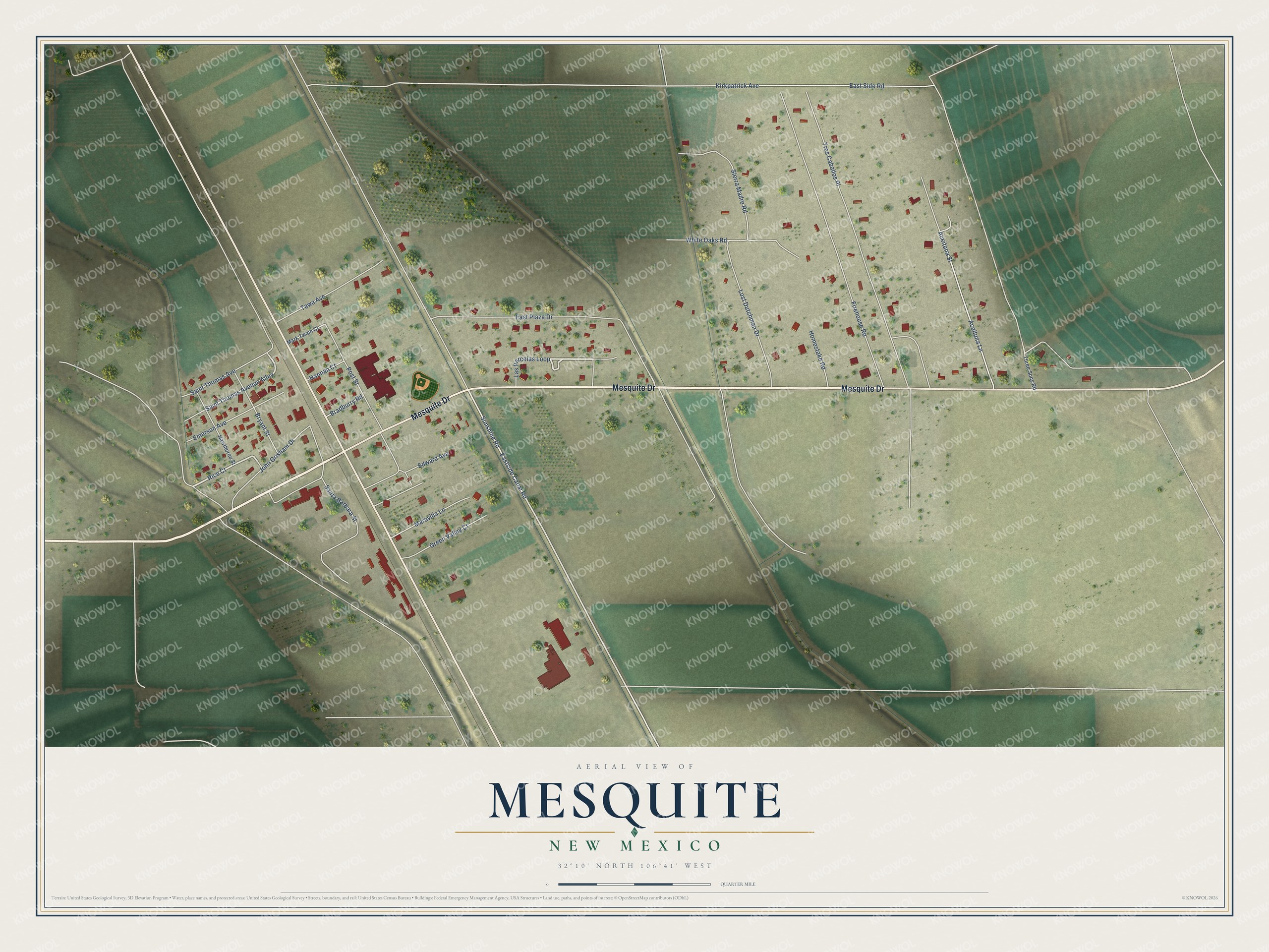 Full map of Mesquite, New Mexico, with red buildings, printed street names and the land around them