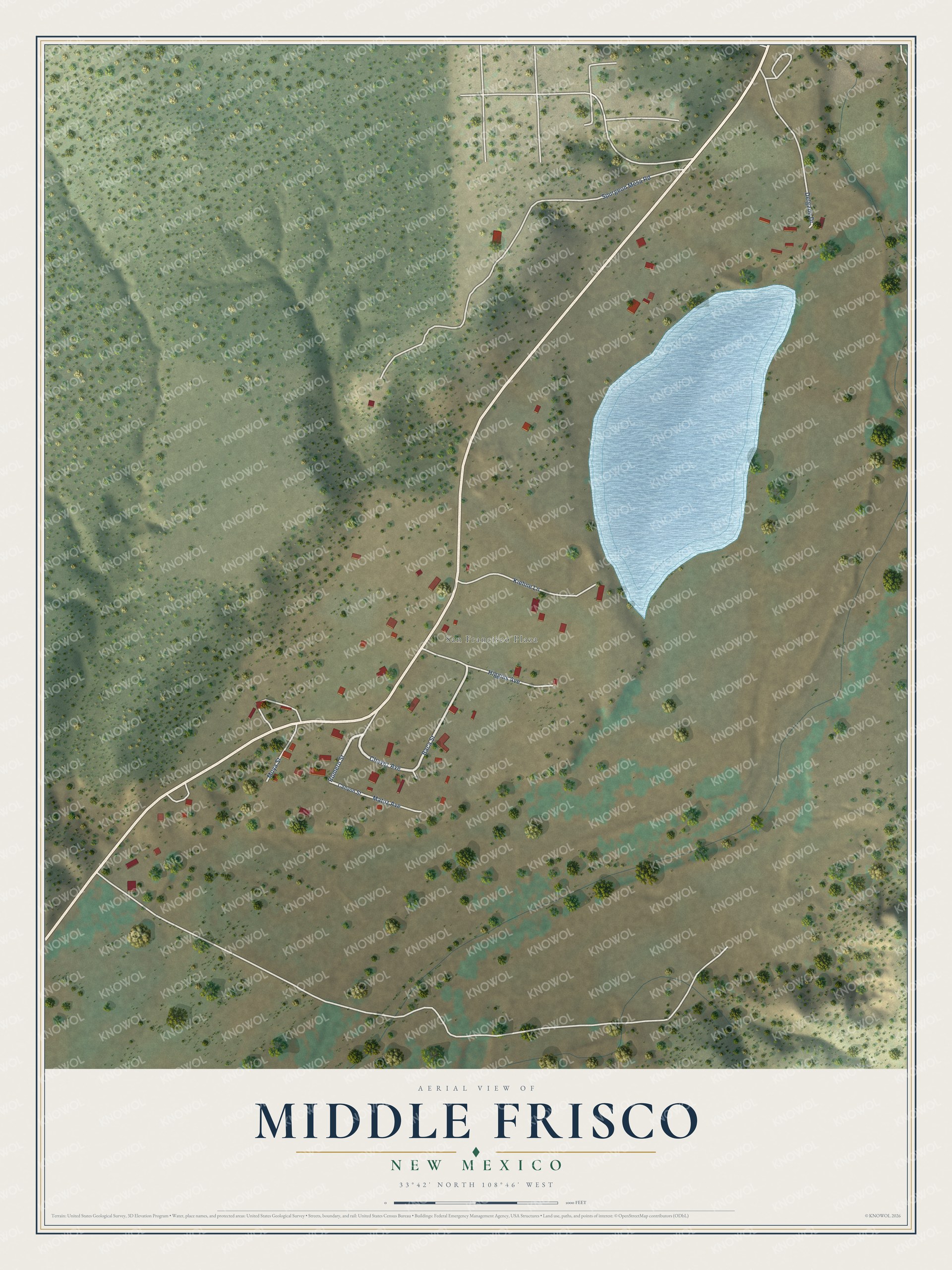 Full map of Middle Frisco, New Mexico, with red buildings, printed street names and the land around them
