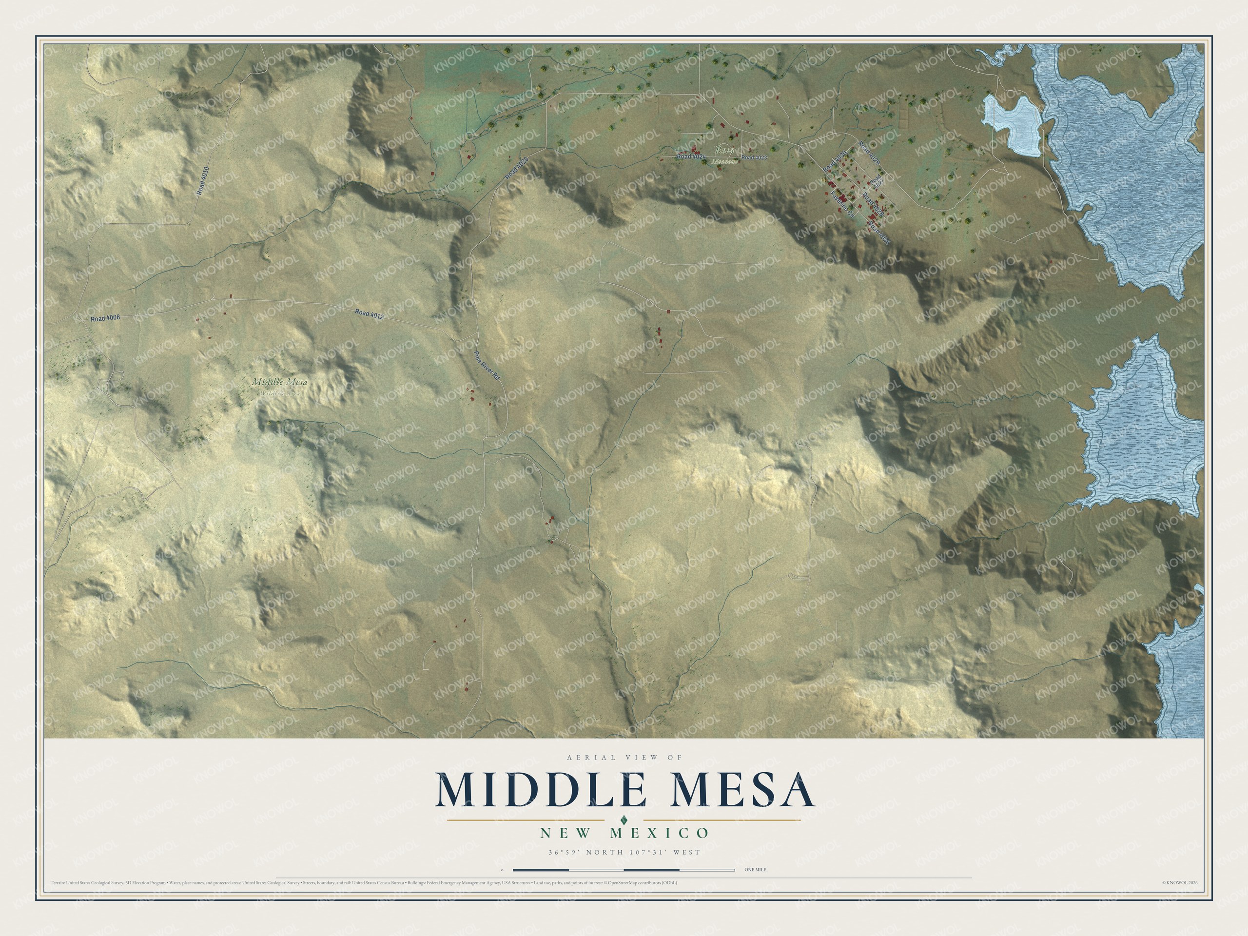 Full map of Middle Mesa, New Mexico, with red buildings, printed street names and the land around them